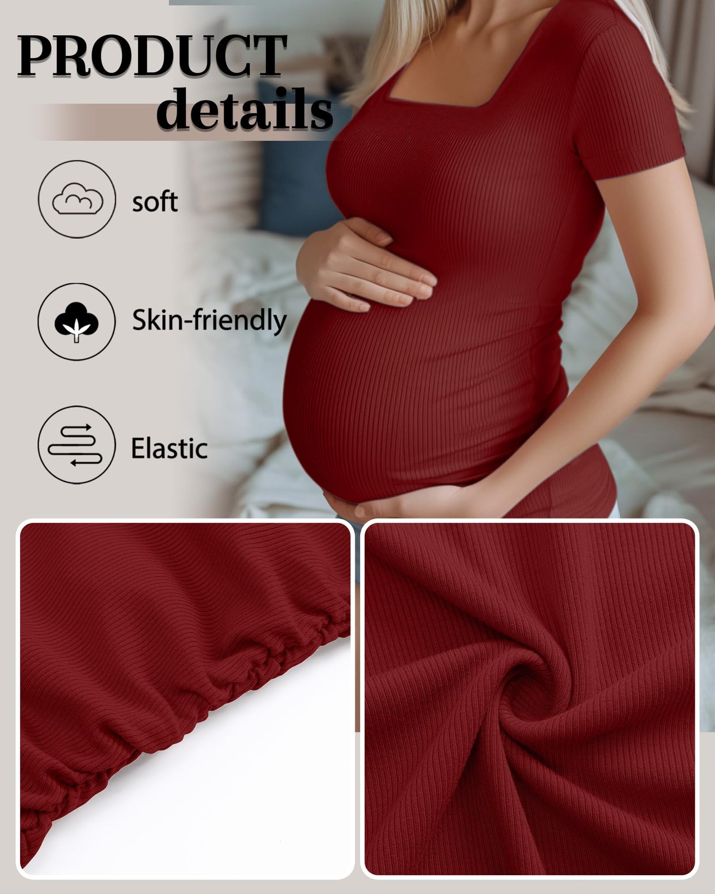 Huukeay 4 Pack Women's Maternity Shirts Cotton Ribbed Short Sleeve Square Neck Pregnancy Tops Side Ruched Summer Tee
