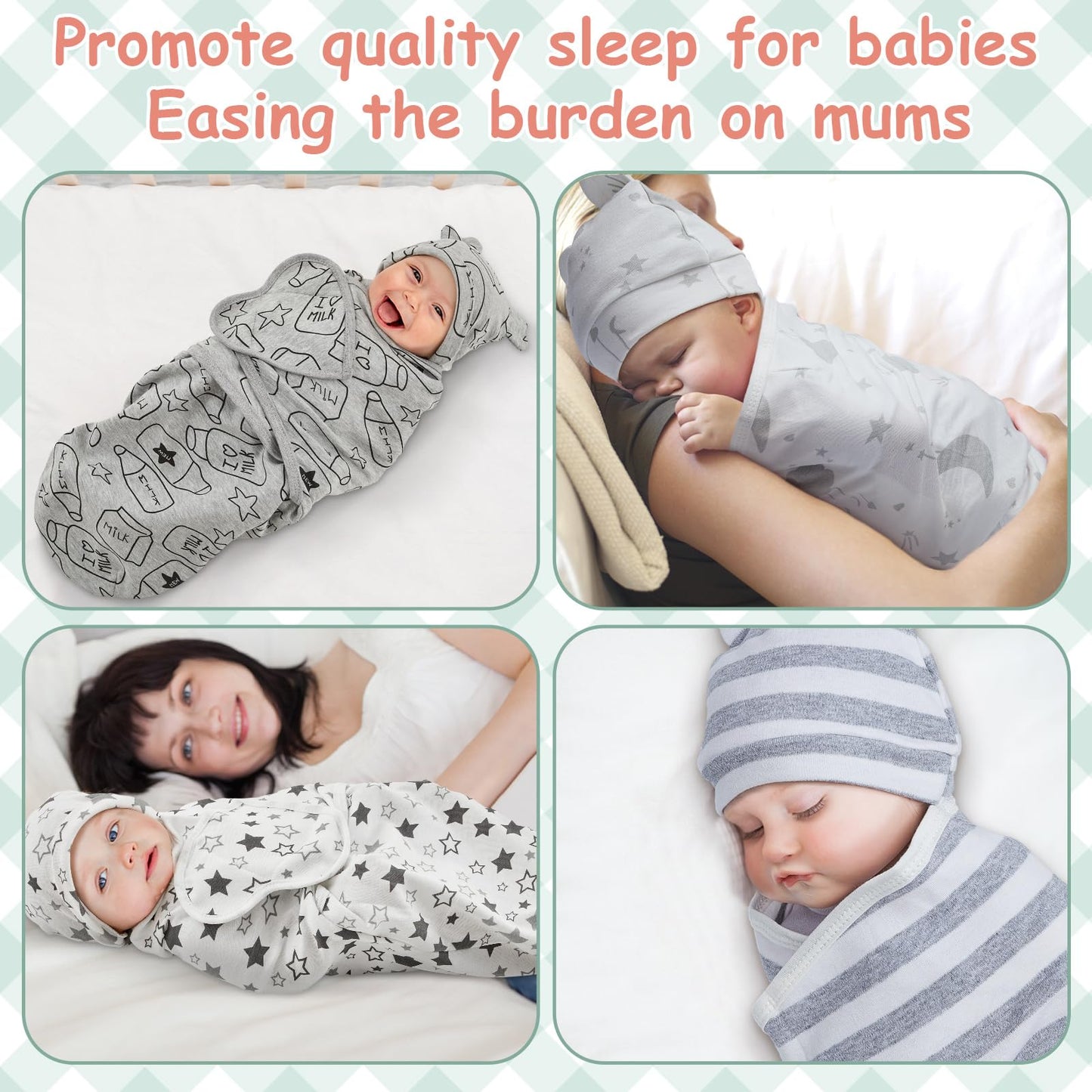 Ramede 6 Pack Baby Swaddle Blanket with Hats Sleep Swaddle for 0-3 Months Newborn Sacks Soft Cotton Wearable for Boy Girl