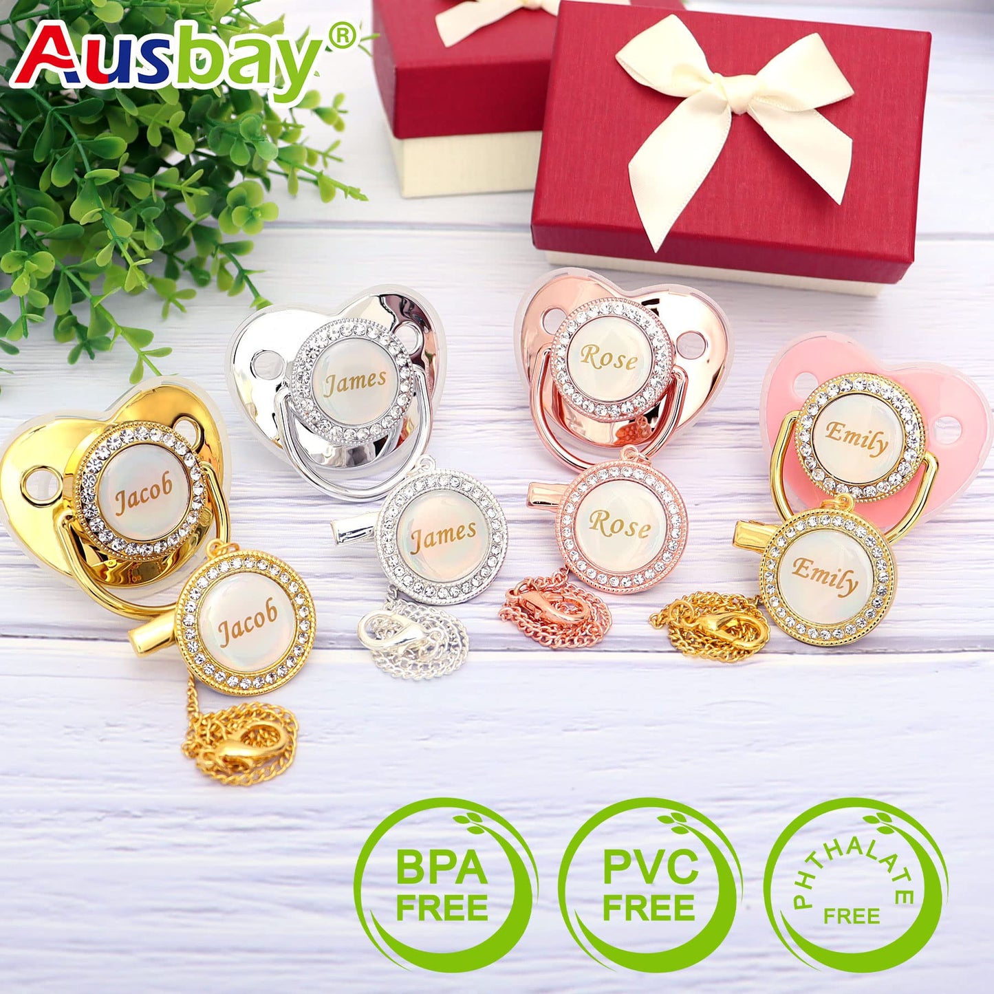 Personalized Pacifier Set with Name, BPA Free, Bling Gold Silver Pink Rose Gold Luxurious Ideal Gift for Newborns (Gold)
