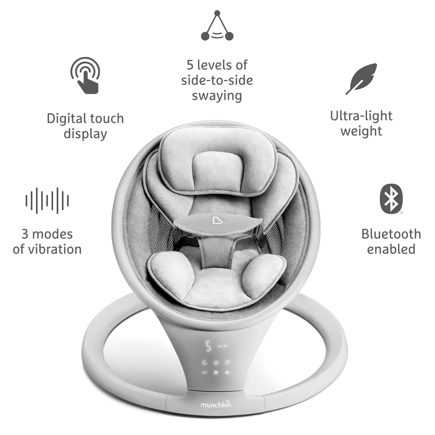 Munchkin Baby Swing, Portable and Lightweight, Bluetooth Enabled Electric Infant Rocker with Natural Sway in 5 Ranges of Motion, Newborn Nursery Essentials, White/Grey