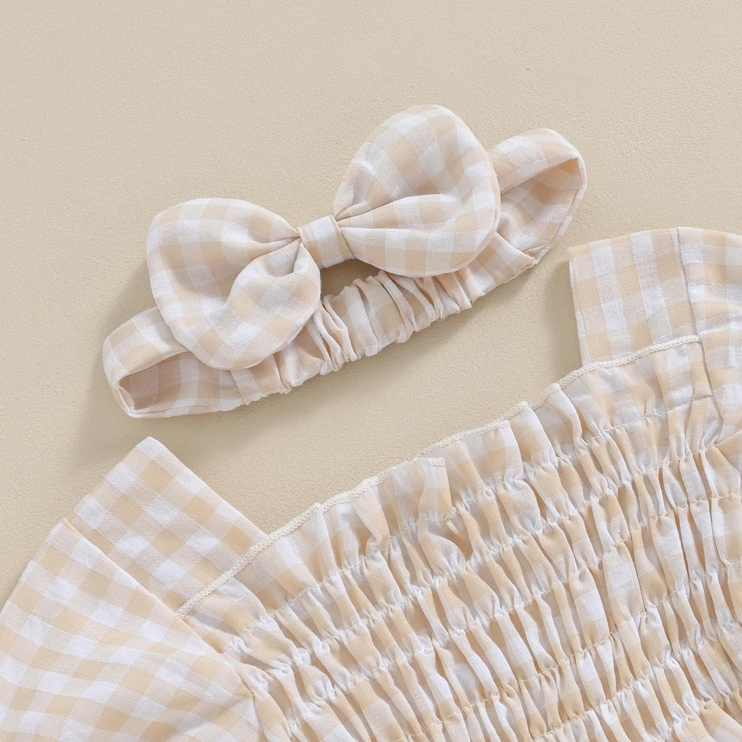 Infant Baby Girls Romper Ruffle Sleeve Pleated Smocked Bubble Plaid One Piece Ruched Jumpsuit Summer Bodysuit