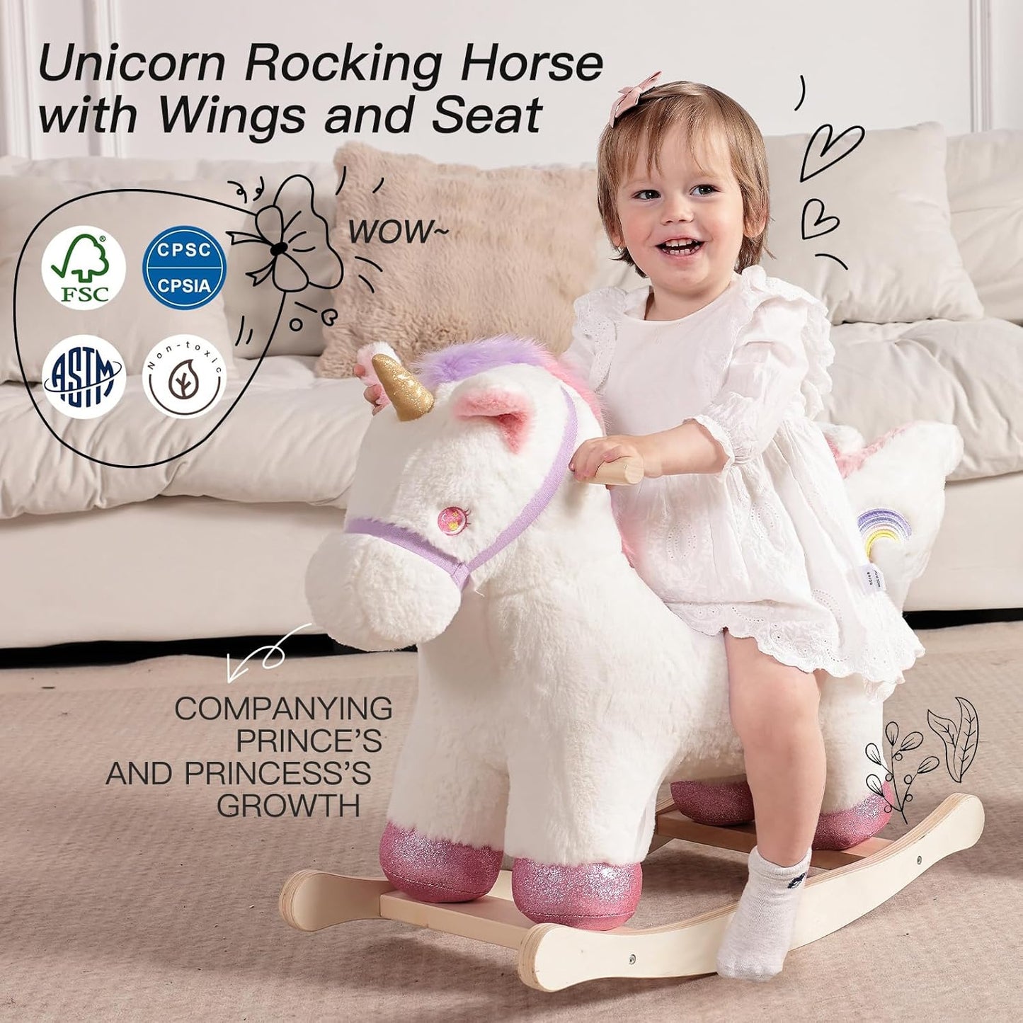 Baby Rocking Horse,Unicorn Wooden Rocking Horse for Toddlers 1 Year Old Cute Pink Stuffed Plush Ride-on Rocking Animal for Baby Girls Nursery/Child Christmas or Birthday Gift