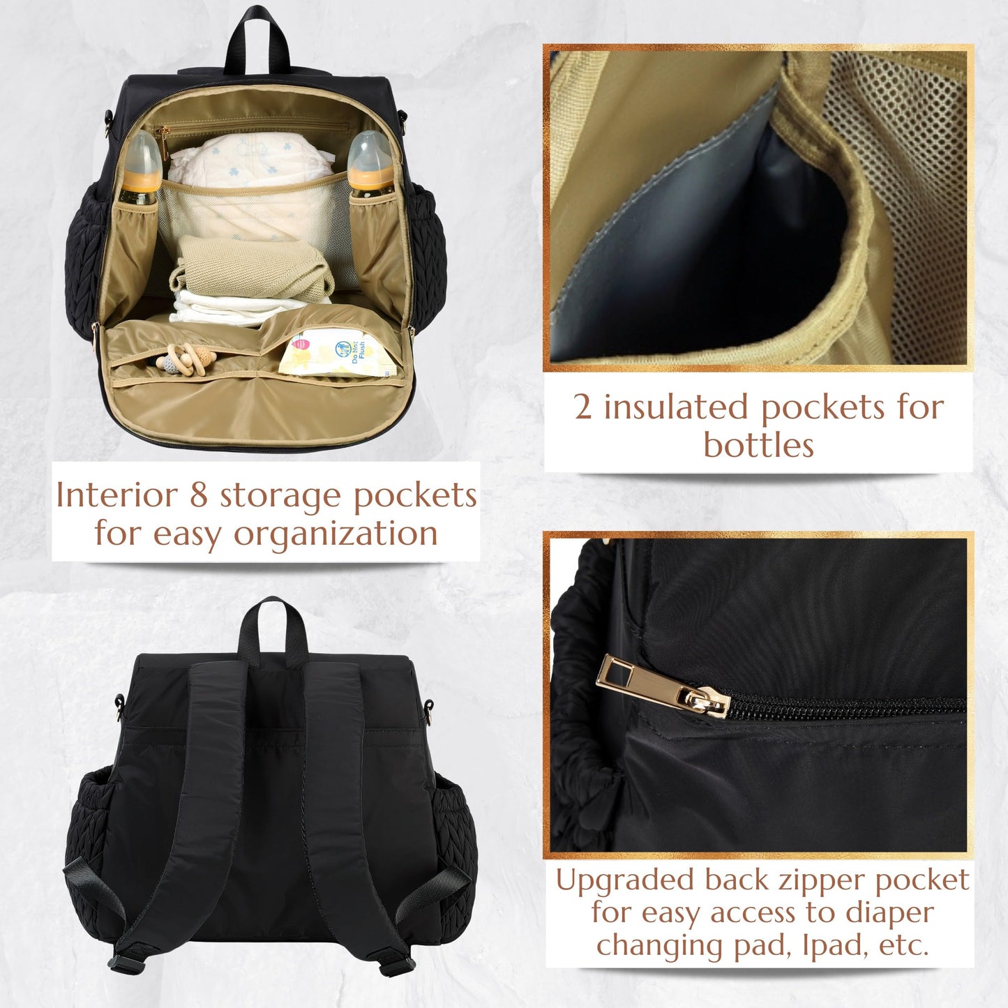 Allie Backpack Stylish Diaper Bag,Travel Baby Bag with Insulated Pockets,Changing Pad, Stroller Clips, Shoulder Strap (Black)