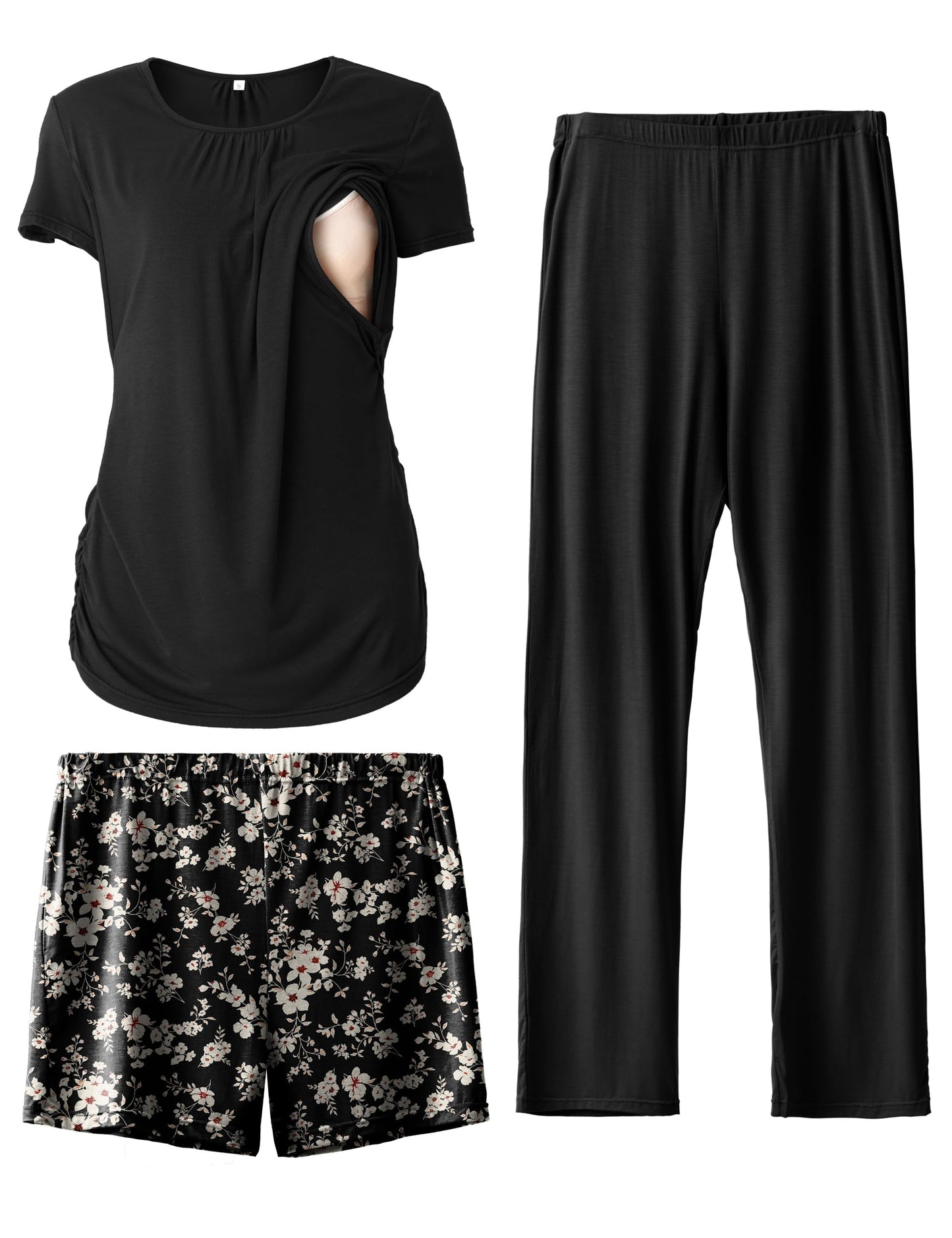 SUNNYBUY Womens Maternity Nursing Pajamas Set, Short Sleeve Breastfeeding Shirts,Pregnancy Shorts & Pants 3 Piece Nursing PJS
