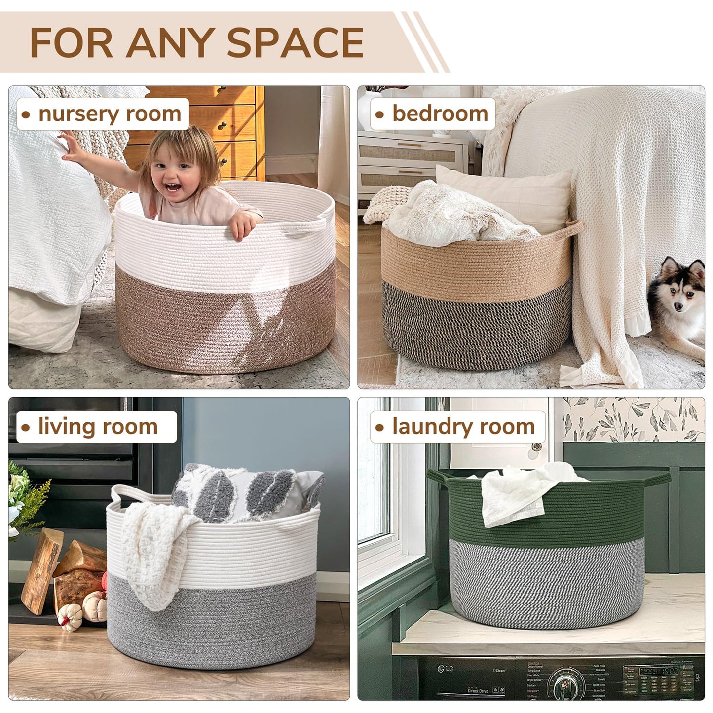 INDRESSME XXXLarge Cotton Rope Basket 21.7" x 21.7" x 13.8" Woven Baby Laundry Blanket Basket Toy Baskets with Handle Storage Comforter Cushions Thread Laundry Hamper