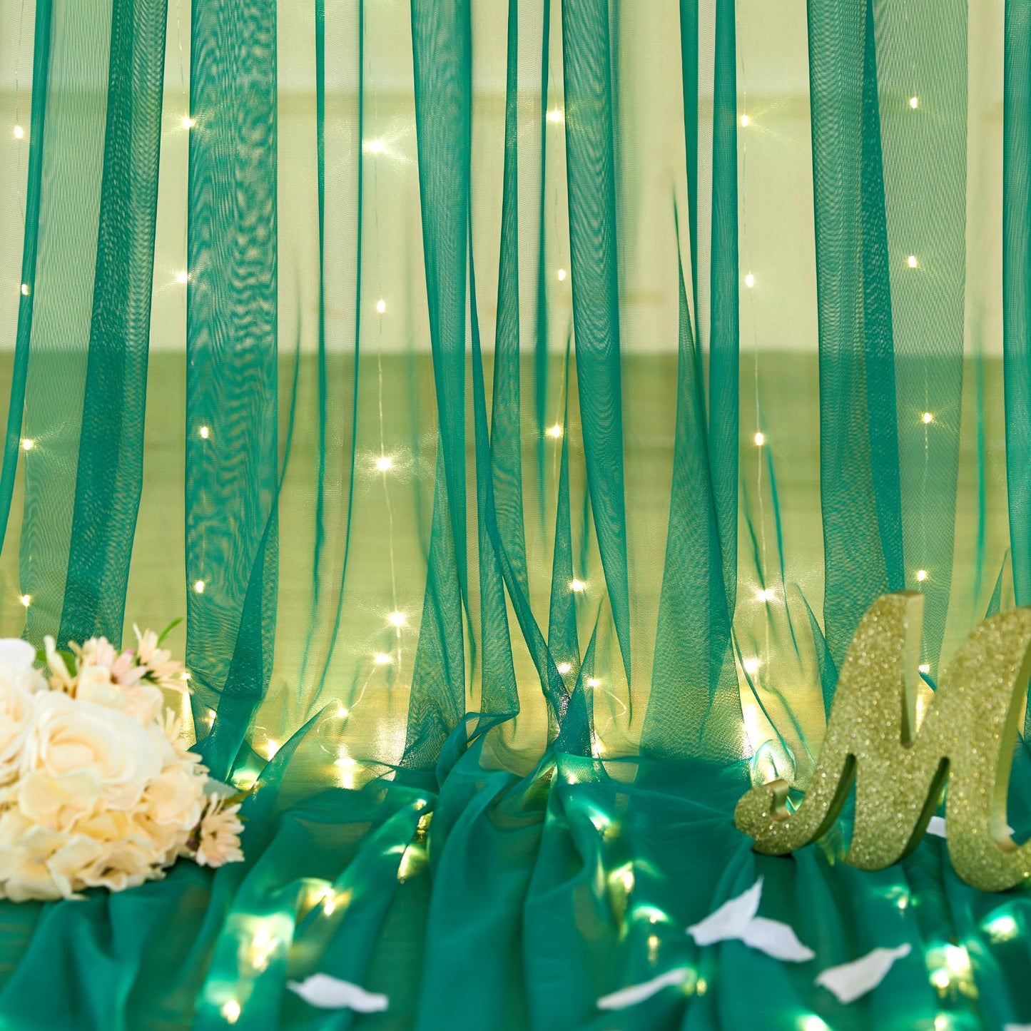 White Tulle Backdrop Curtain with Lights String for Parites 10×8ft Sheer Backdrop Curtains White Curtain Backdrop for Wedding Baby Shower Birthday Party Photo Shoot Decorations(2 Panels 10ft×8ft)