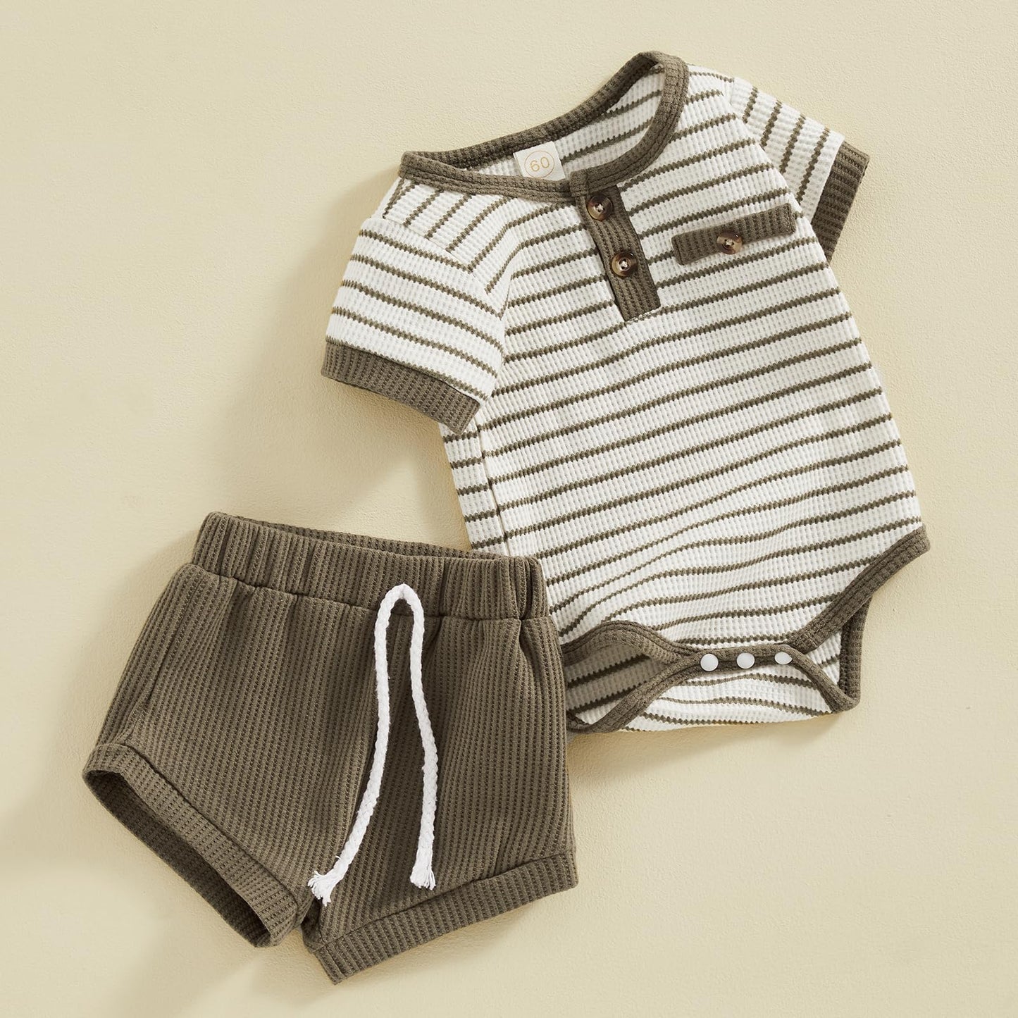 Kuriozud Newborn Baby Boy Summer Clothes Button Short Sleeve Romper Bodysuit Shorts Set Toddler Soft Waffle Outfit