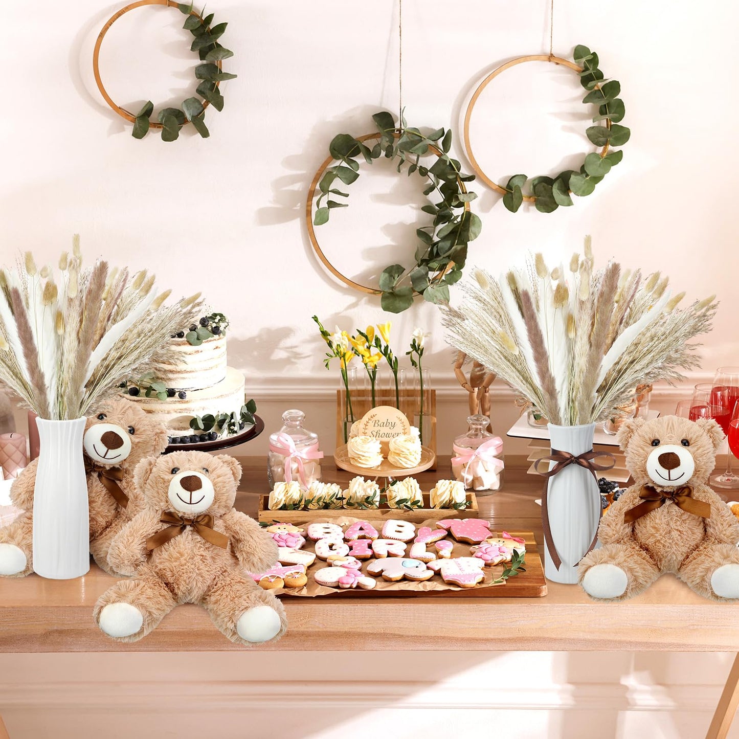 6 Sets 123 Pcs Baby Shower Table Centerpieces Dried Pampas Decor Bear Stuffed Ceramic Look Plastic Vase with Bow for Boho Wedding Bridal Shower Flowers Table Decorations(Brown,Neutral)