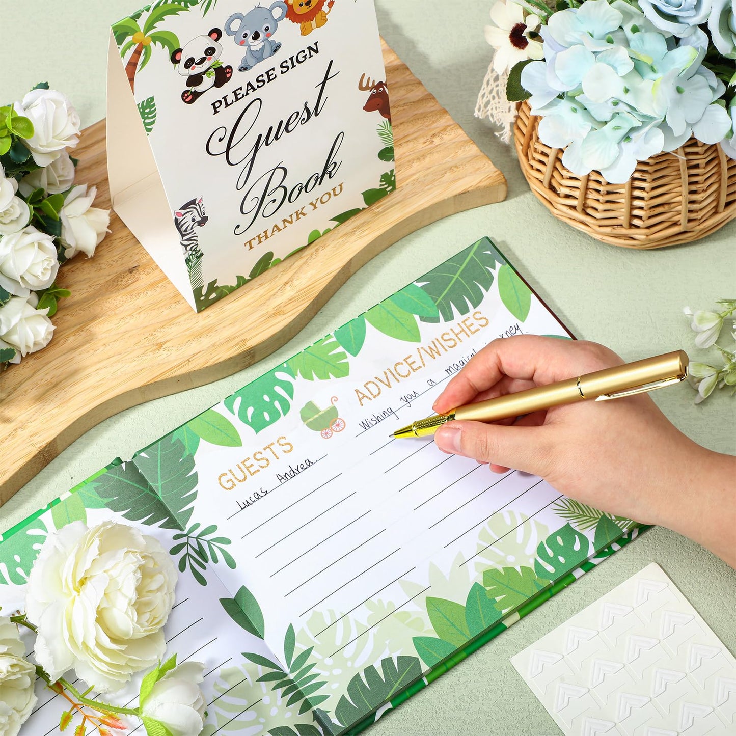 27 Pcs Butterfly Floral Baby Shower Guest Book Set Baby Shower Sign in Guest Floral Book Place Table Cards with Gold Pen Adhesive Photo Corner for Birthday Party