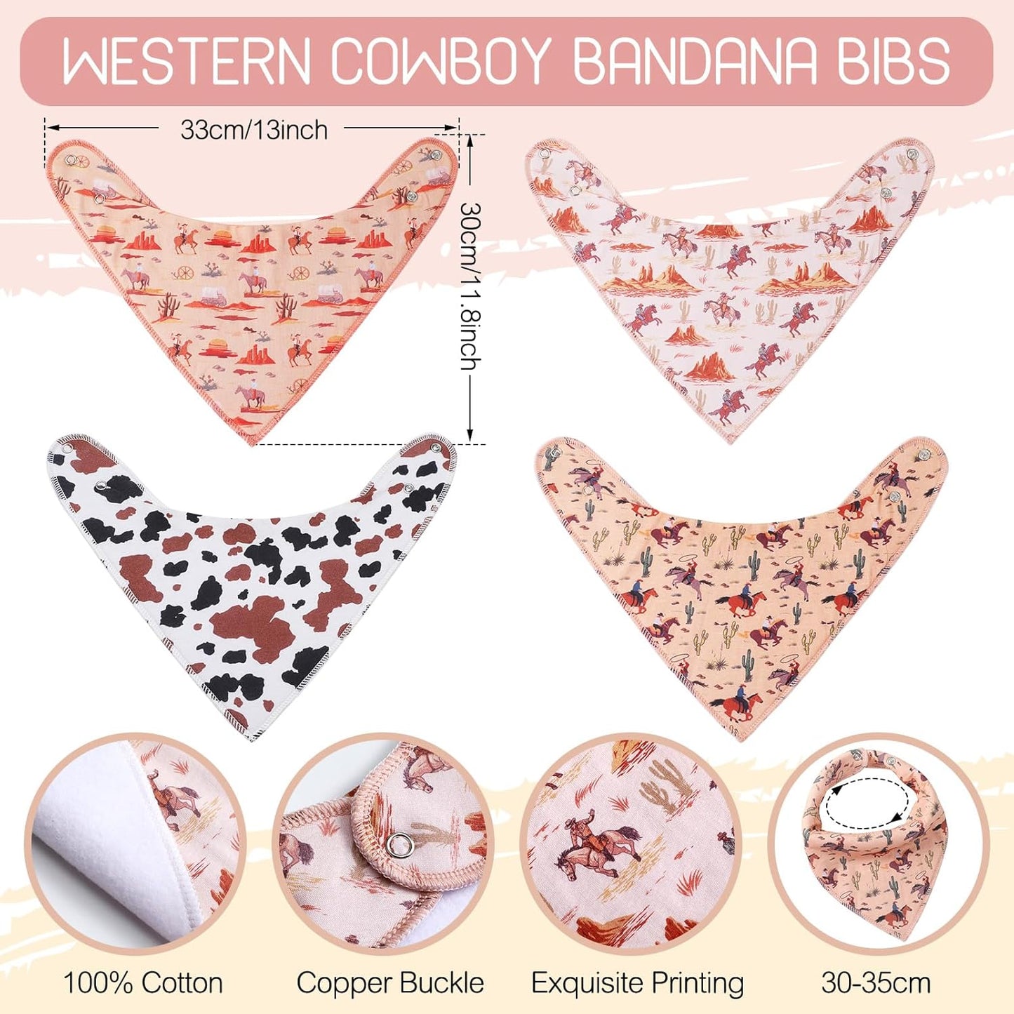 4 Pcs Western Cowboy Baby Bandana Bibs Newborn Infant Feeding Drool Bibs Wild West Cotton Bib for Drooling and Teething Nursery Burp Cloths for Girls Boys