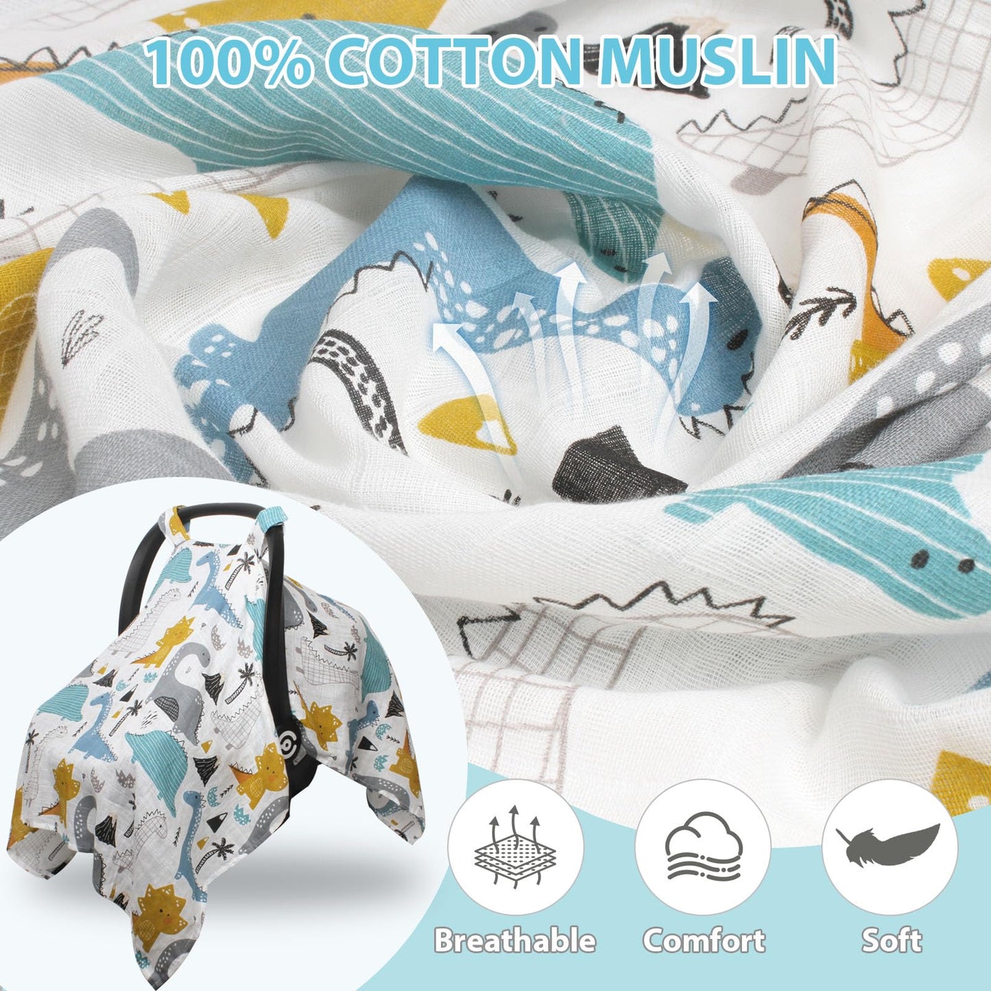 Muslin Baby Car Seat Cover, Breathable Infant Car Seat Cover Lightweight Carseat Canopy Covers for Babies, Universal Fit Stroller Cover for Summer Spring/Hot Days/Warm Weather