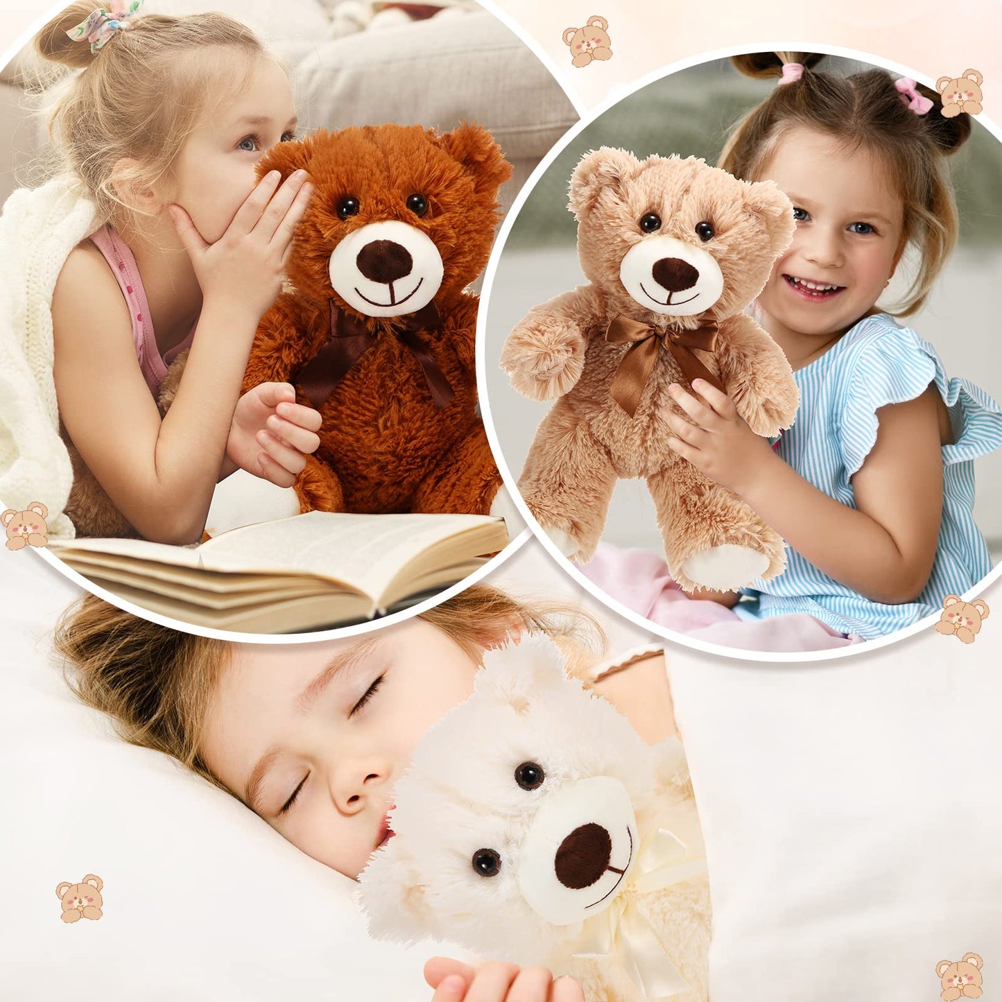 HyDren 6 Pcs Bear Stuffed Animal Plush Toys Soft Plush Dolls Bear Sleeping and Playing Toys for Baby Shower Decoration Boy(Fuzzy Style,Brown)