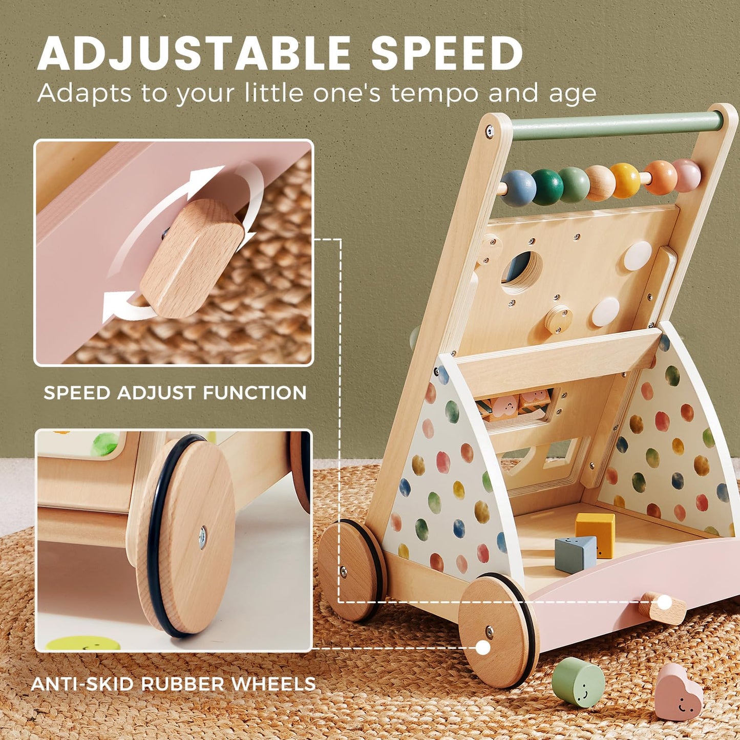 Tiny Land Wooden Baby Walker, Baby Push Walker, Montessori Walker Toy, Adjustable Speed Baby Walker for Boys and Girls, Baby Activity Center, Push Toys for Kids Development