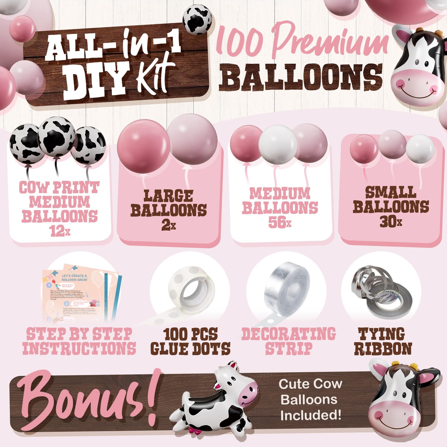 ALL-IN-1 Cow Balloon Arch Kit with BONUS Cows Balloons for Cow Party Decorations - Cowgirl Balloon Arch Kit for Cowgirl Baby Shower Decorations & Cows Birthday Party Decoration