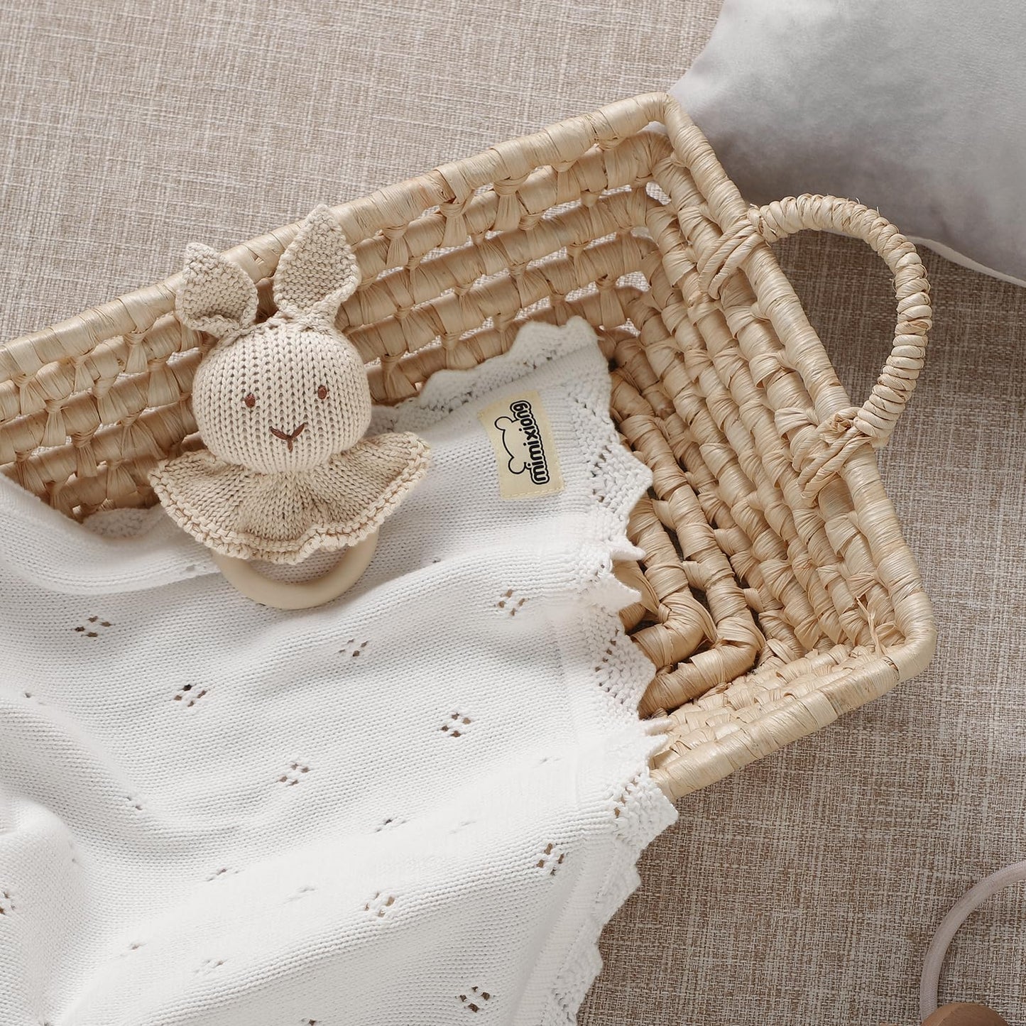 mimixiong Cotton Baby Blanket Knitted Crochet Receiving Crib Nursery Swaddling Blankets for Newborn Baby Boy Girl Off White 30x40 Inch