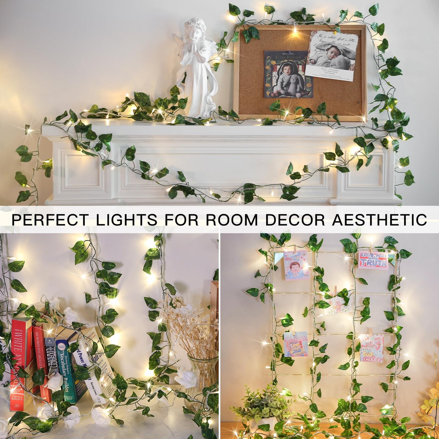 suddus Vine with Fairy Lights Battery Operated, 33ft 100 LED Ivy String Lights with Remote, Leaf Lights for Bedroom, Room, Wall, Garden, Party, Wedding Decor (Warm White)