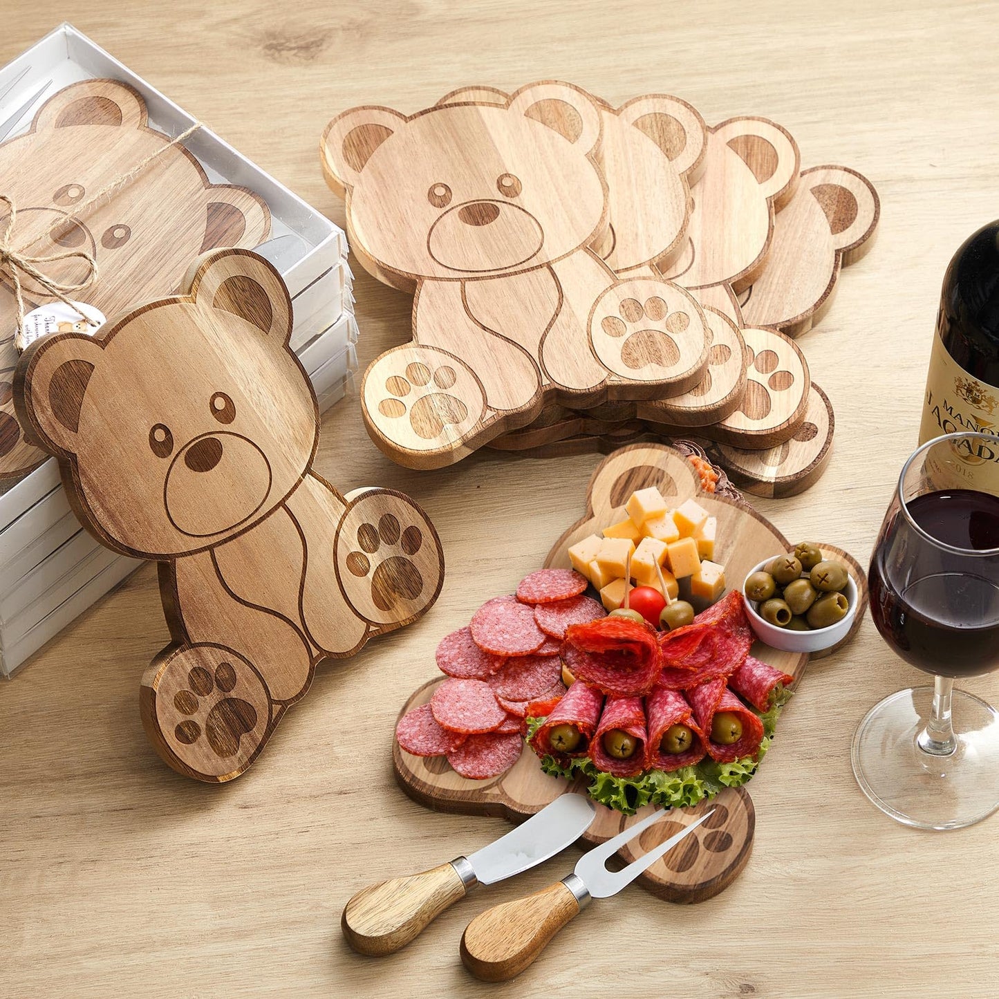 1 Set Baby Shower Party Favors Bear Shaped Cheese Board Set, Include Small Wood Cutting Charcuterie Boards with Knives and Forks Gift Box for Wedding Bridal Shower Birthday (Acacia Color)