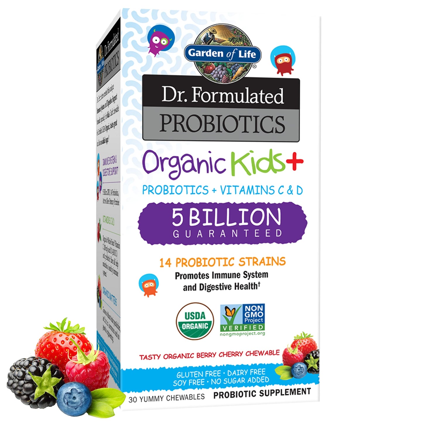 Garden of Life Dr. Formulated Probiotics Organic Kids+ Plus Vitamin C & D - Watermelon - Gluten, Dairy & Soy Free Immune & Digestive Health Supplement, No Added Sugar, 30 Chewables (Shelf Stable)