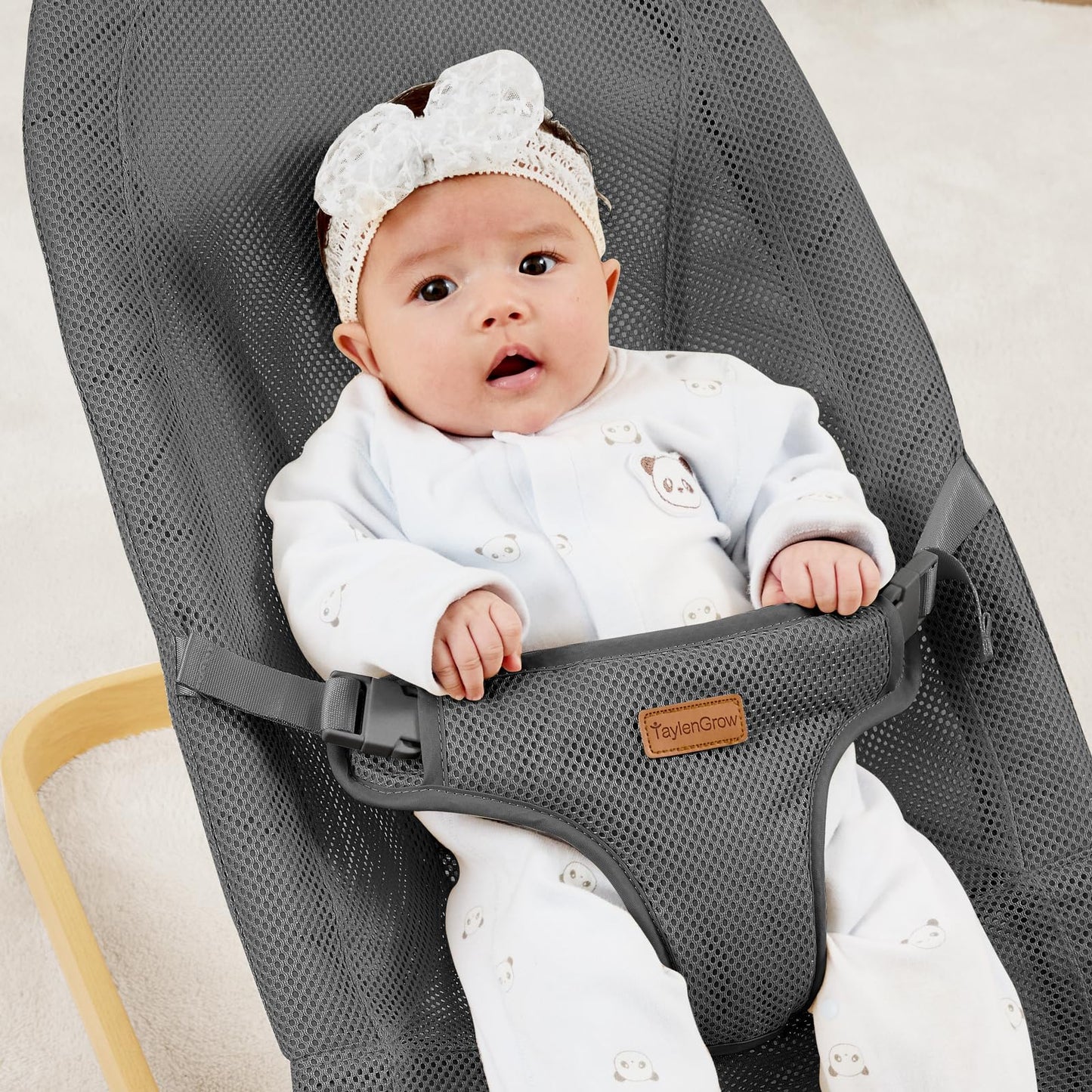 Foldable Baby Bouncer, Baby Seat with 3 Adjustable Heights, Portable Newborn Rocker, Ergonomic Bouncy Seat for Natural Bounce, Bouncer for Babies 0-6 Months, Soft Cotton (Beige)
