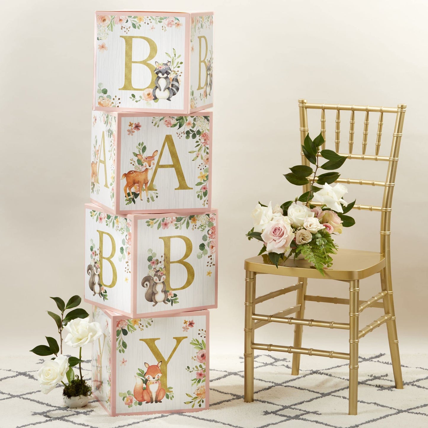 Kate Aspen Woodland Baby Shower Boxes with Letters for Baby Shower Gender Reveal Decorations Photo Prop & Forest Animal Nursery Decor (Set of 4 Blocks Spells Baby)