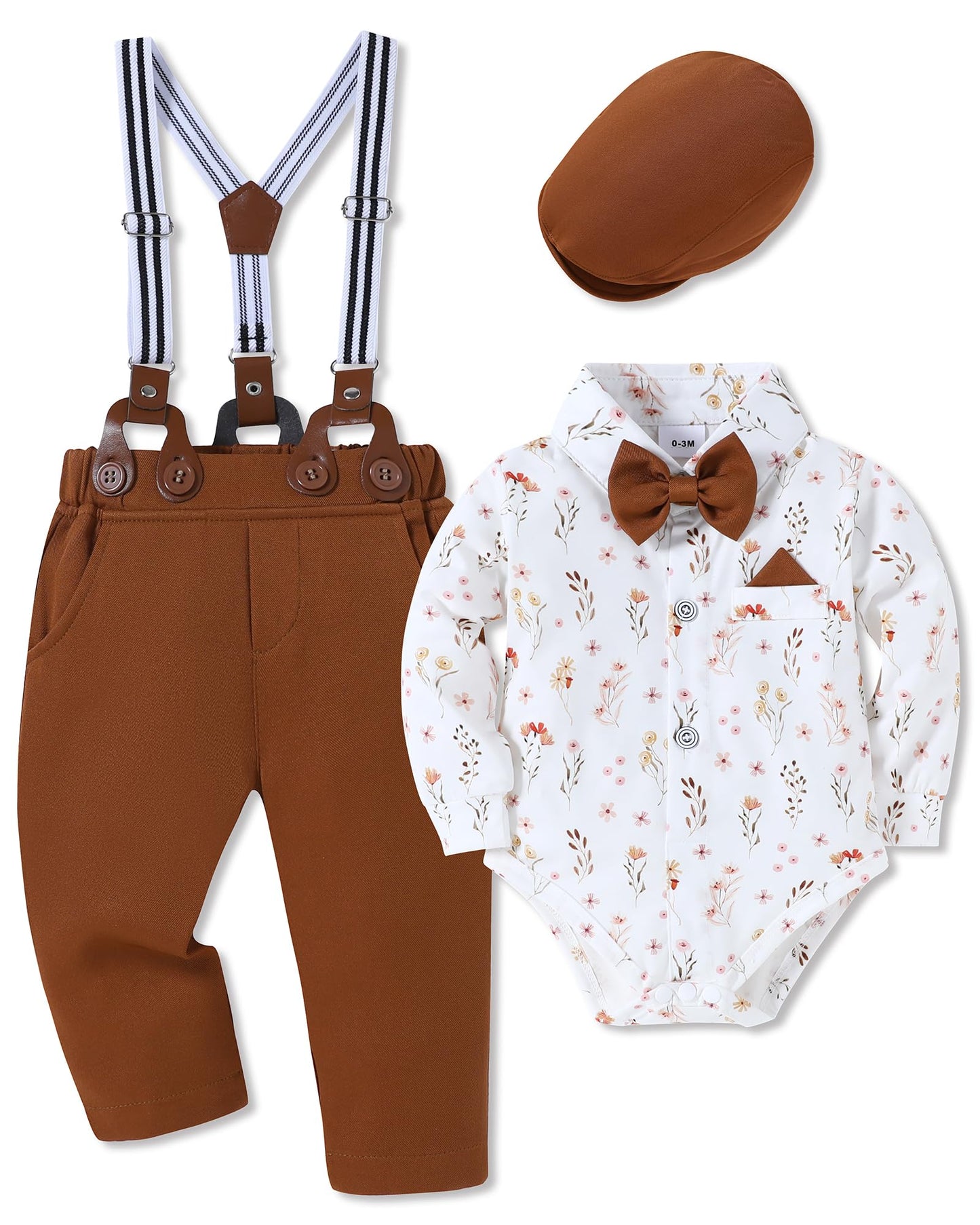 WESIDOM Baby Boy Clothes 0-18M Newborn Infant Gentleman Outfit, Shirt+Bowtie+Beret+Suspender Pant Baby boy Suit Clothing Set