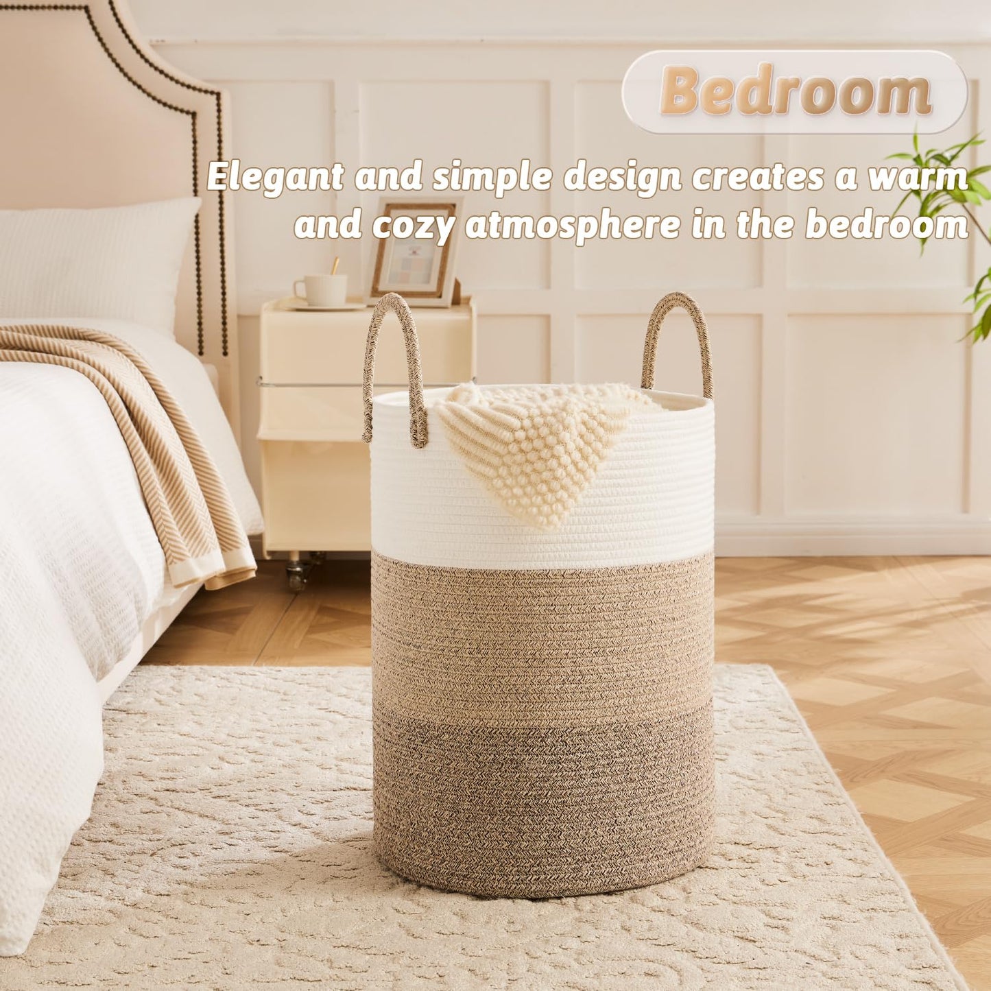 Laundry Basket,Woven Cotton Rope Laundry Hamper,60L for Decor Storage of Dirty Clothes,Toys and Blankets in Bathroom,Baby Room and Living Room