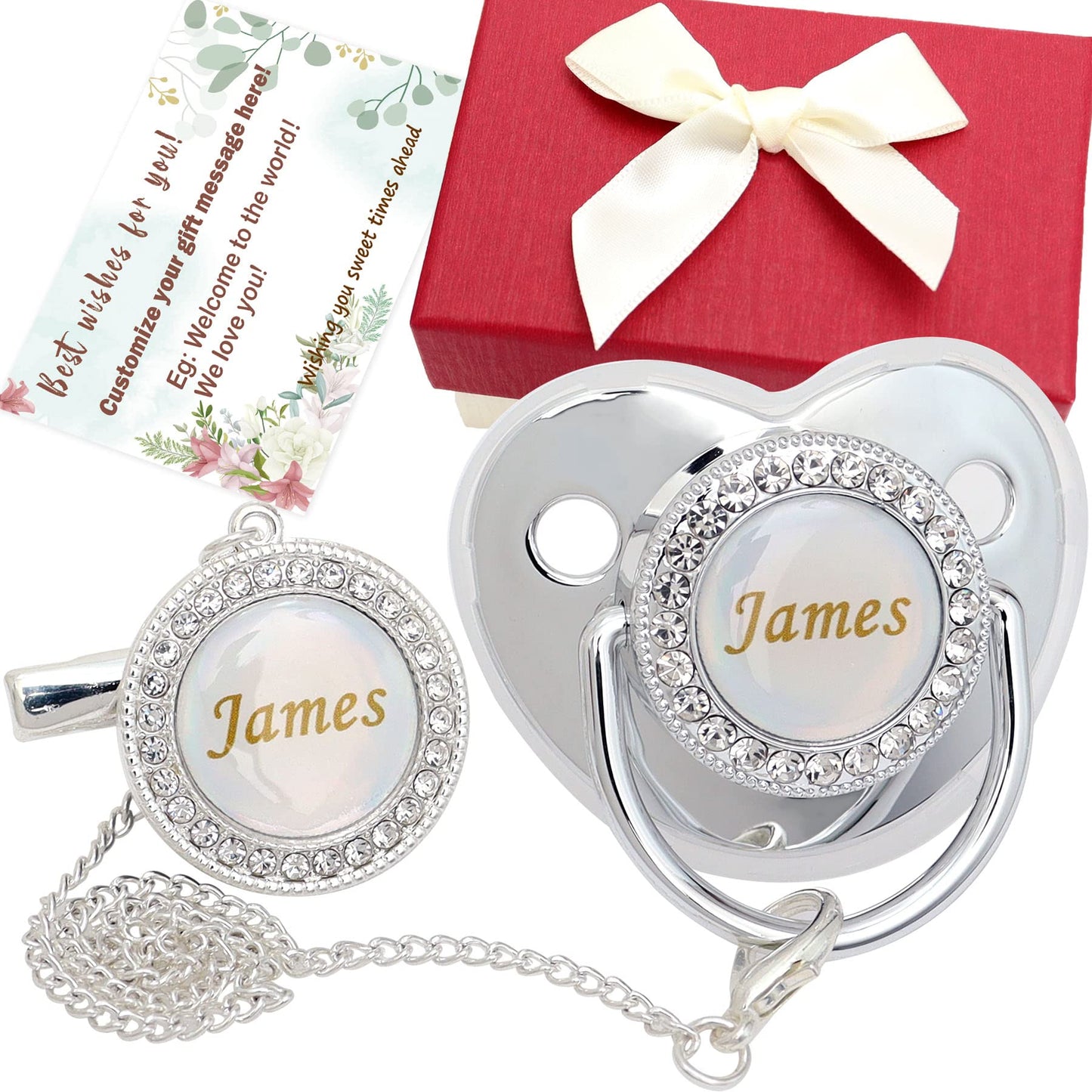 Personalized Pacifier Set with Name, BPA Free, Bling Gold Silver Pink Rose Gold Luxurious Ideal Gift for Newborns (Gold)