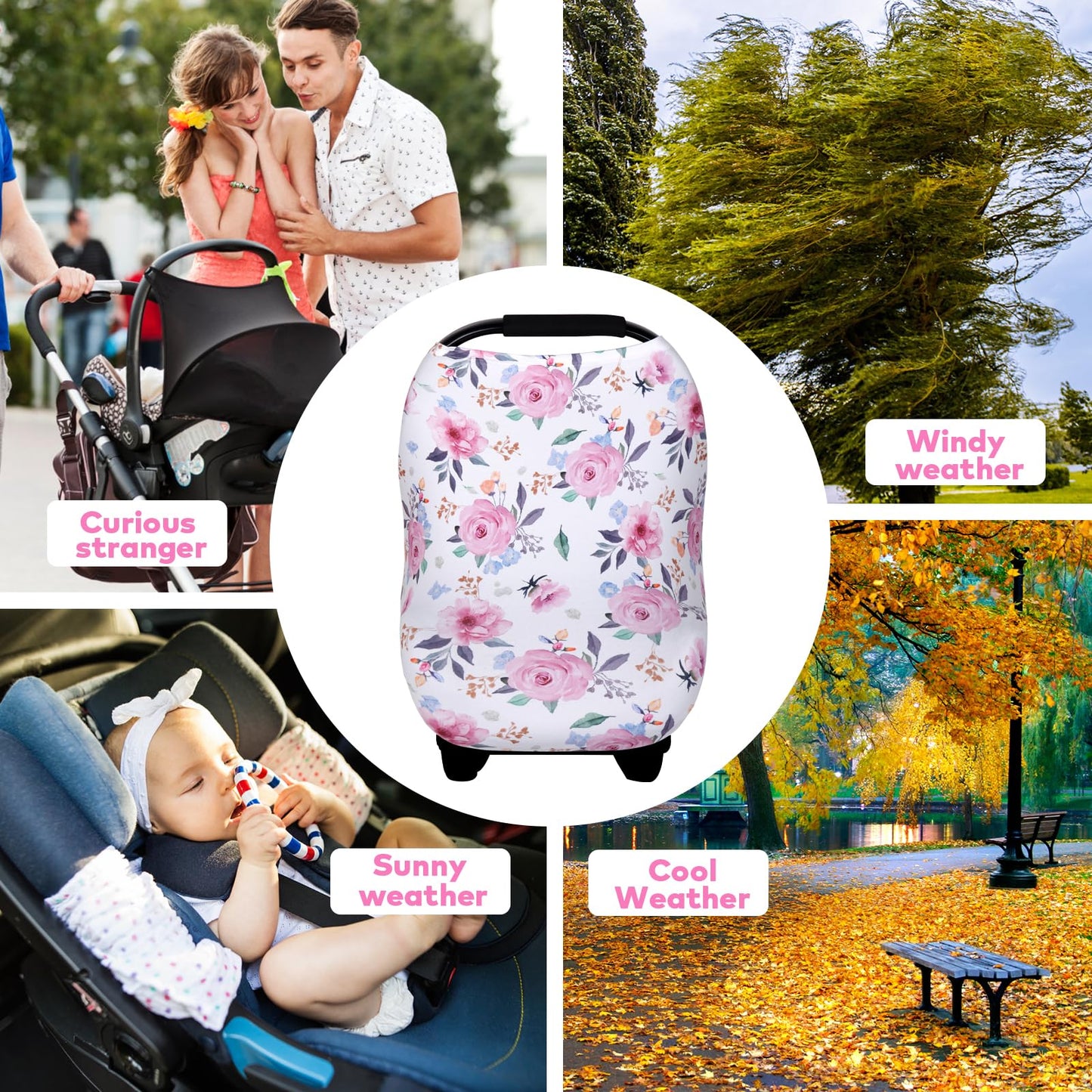 Rquite All-in-1 Car Seat Cover Baby, Carseat Covers for Girl Boy, Stretchy Soft Infant Car Seat Cover, Multi-use Baby Carrier Cover, Car Seat Canopy, Stroller Sun Shade, Nursing Breastfeeding Cover