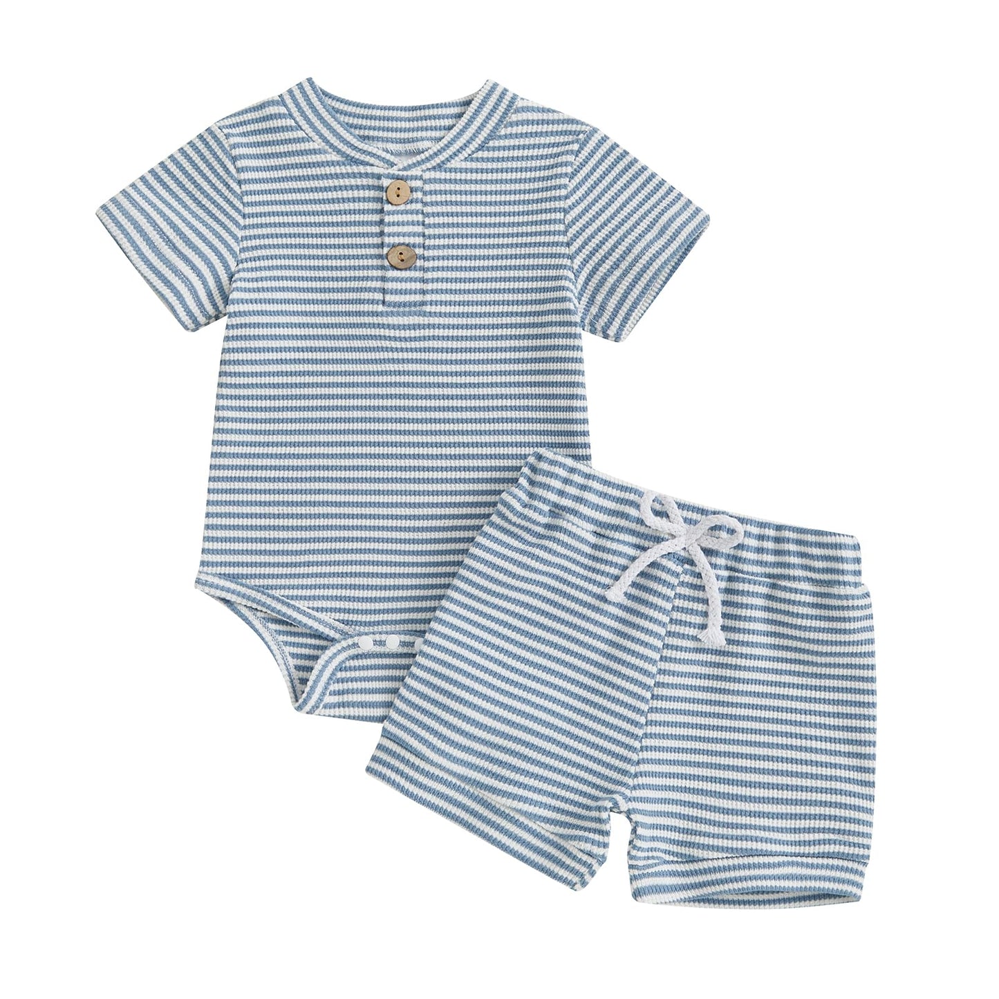 Kuriozud Newborn Baby Boy Summer Clothes Button Short Sleeve Romper Bodysuit Shorts Set Toddler Soft Waffle Outfit