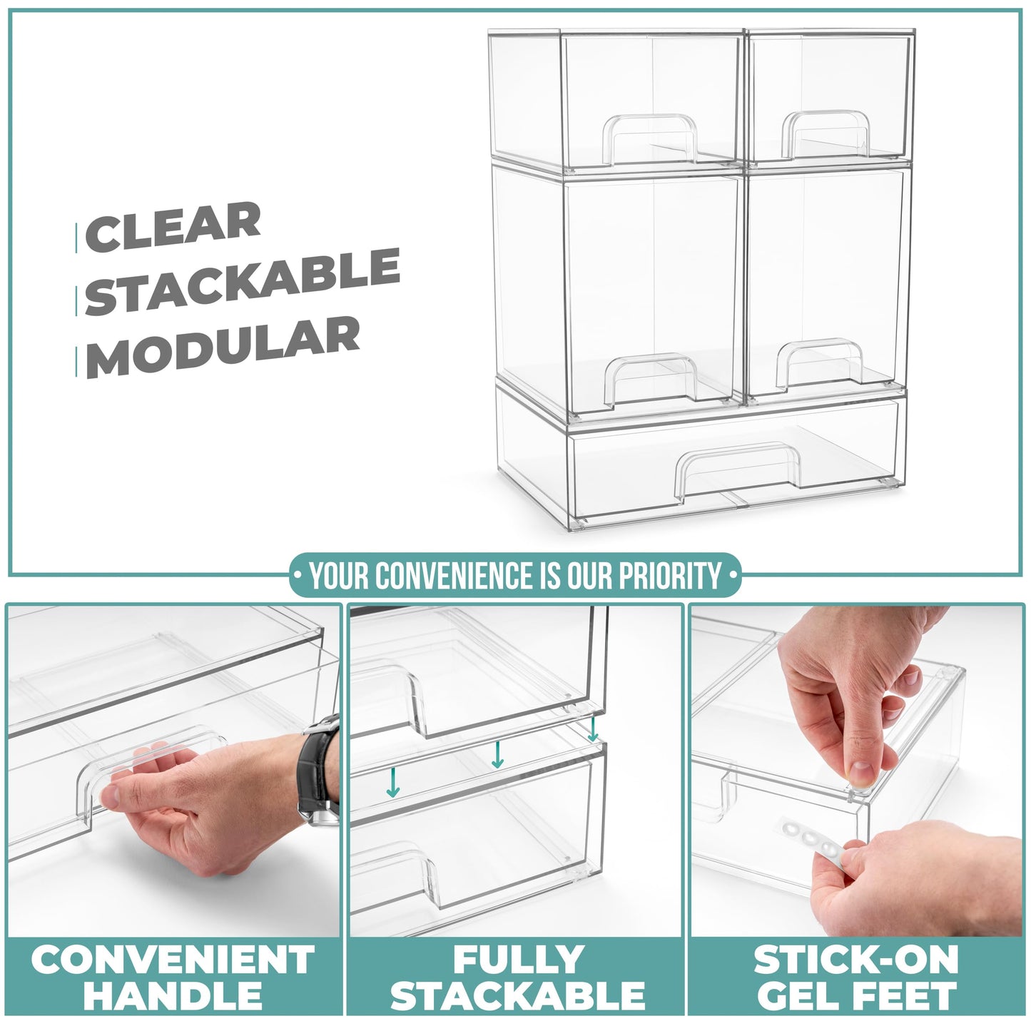 Sorbus Acrylic Storage Containers - 2 Pack, Stackable Storage Bins Set for Bathroom Organization - Clear Acrylic Drawer Organizers - Makeup Case Pull-Out Drawers (7.6’’ and 4.4’’ Tall)