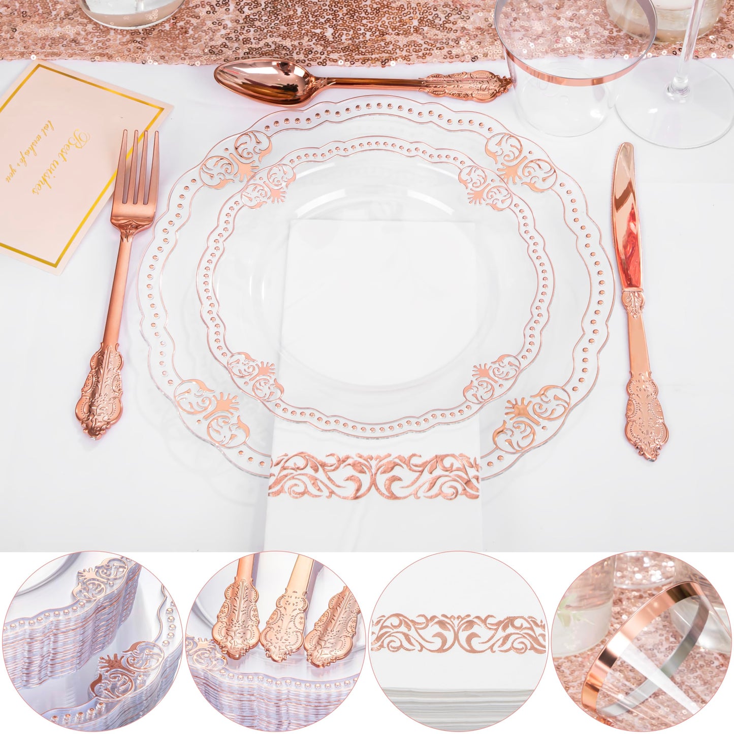 Ciaell 175 PCS White and Gold Plastic Plates - Fancy Gold Disposable Dinnerware Set with of 25 Dinner Plates, 25 Salad Plates, 25 Knives, 25 Forks, 25 Spoons, 25 Cups, 25 Napkins for Weddings Party