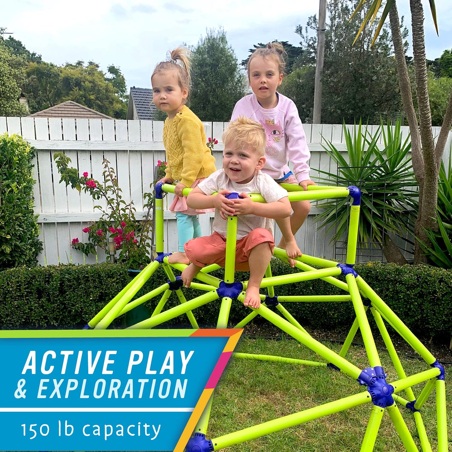 Eezy Peezy Mega Pyramid Monkey Bars Climbing Tower Active Outdoor Fun for Kids Ages 3 to 8 Years Old, Blue/Green