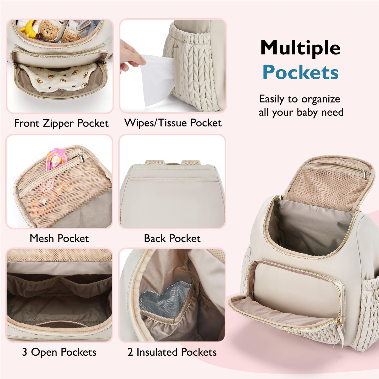 mommore Diaper Bag Small Diaper Backpack Stylish Baby Travel Backpacks with Insulated Pockets, Changing Pad, Stroller Straps
