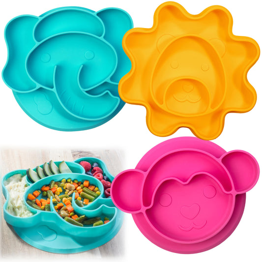 Animal Silicone Compartment Plates- 3 PK Lion, Monkey, Elephant- Large Divided Sections for Easy Grabbing Baby Food Training, Non-Slip Unbreakable Material, Flexible Shapes for Toddlers, Kids-BPA Free