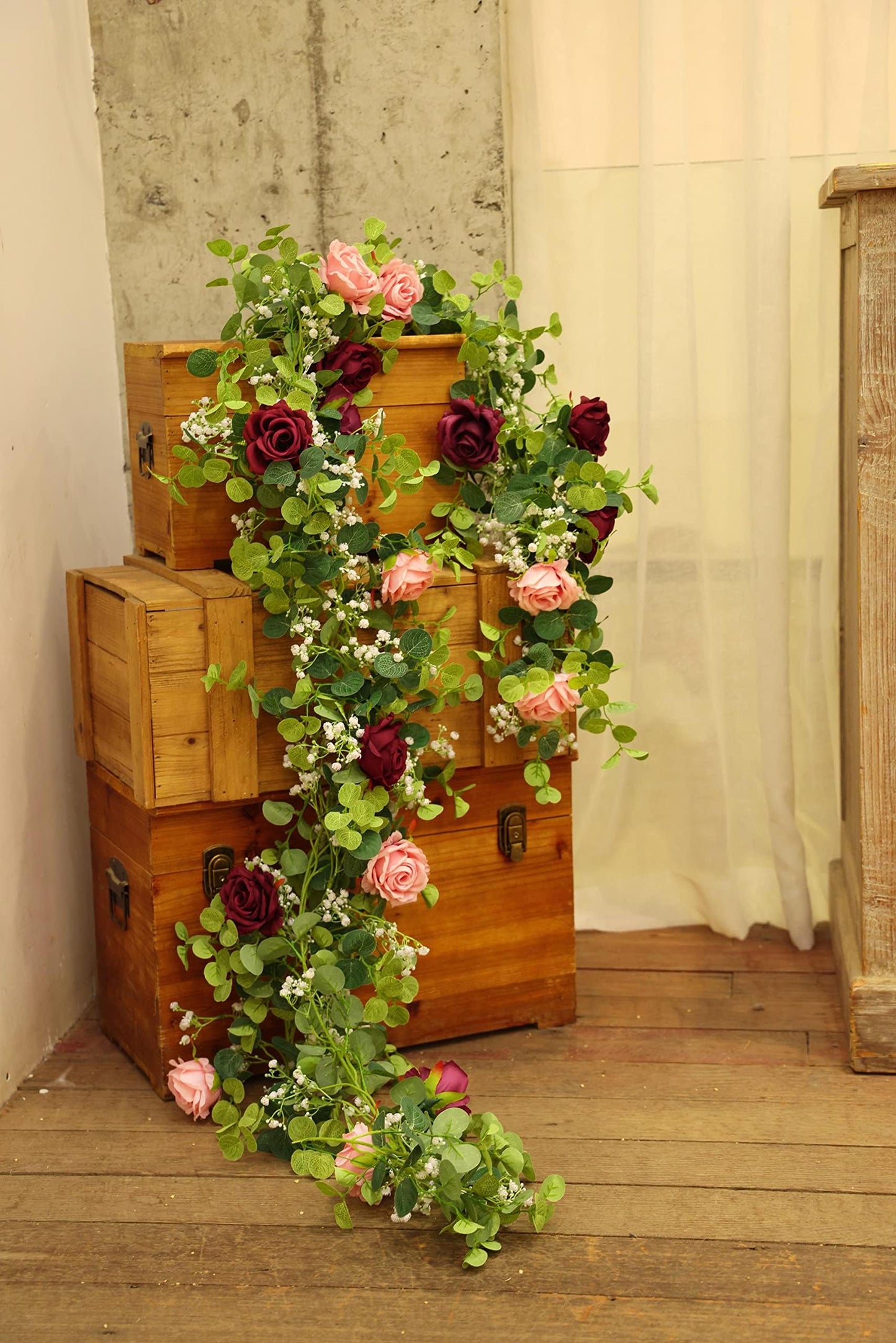 Anna's Whimsy 5.91FT Artificial Eucalyptus Garland with Flowers, Fake Flower Rose Gypsophila, Faux Floral Greenery Garland for Wedding Spring Home Party Craft Art Table Runner Decor