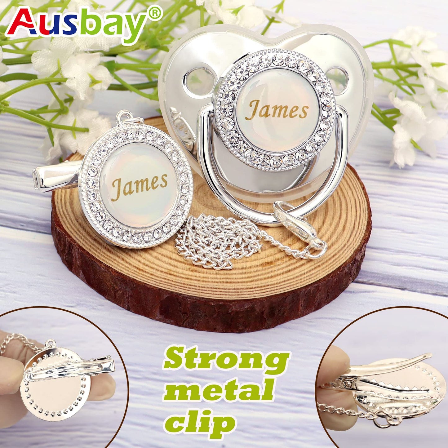 Personalized Pacifier Set with Name, BPA Free, Bling Gold Silver Pink Rose Gold Luxurious Ideal Gift for Newborns (Gold)