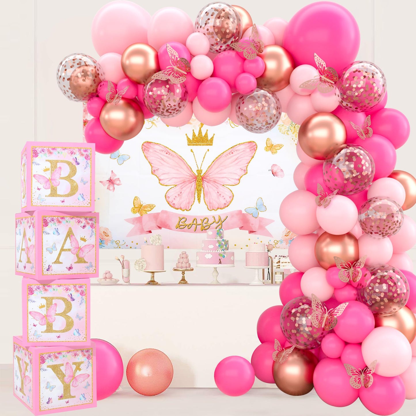 Pink Butterfly Baby Shower Decorations for Girl,Pink Balloon Garland Arch Kit,Pink Butterfly Baby Boxes and Butterfly Backdrop Kit for Baby Shower Butterfly Decorations Birthday Party Decor