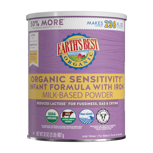 Earth's Best Organic Sensitivity Infant Formula for Babies 0-12 Months, Reduced Lactose Powder Formula with Iron, Omega-3 DHA, and Omega-6 ARA, 21 Ounce Container