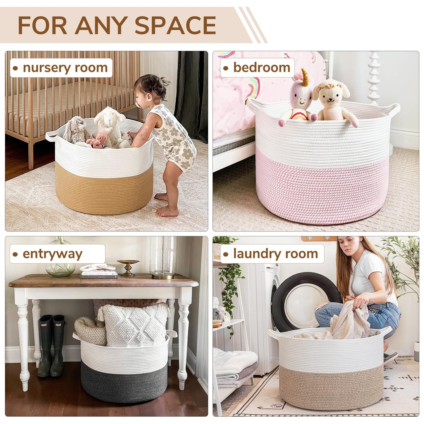 INDRESSME XXXLarge Cotton Rope Basket 21.7" x 21.7" x 13.8" Woven Baby Laundry Blanket Basket Toy Baskets with Handle Storage Comforter Cushions Thread Laundry Hamper