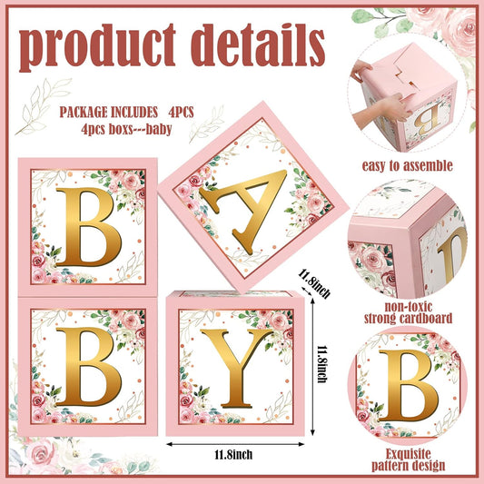 Sabary Baby Boxes with Letters Rustic Floral Pink Baby Shower Backdrop Blocks Box Birthday Party Gender Reveal Photo Props for Girl Boy Shower Decorations(Sweet Baby)