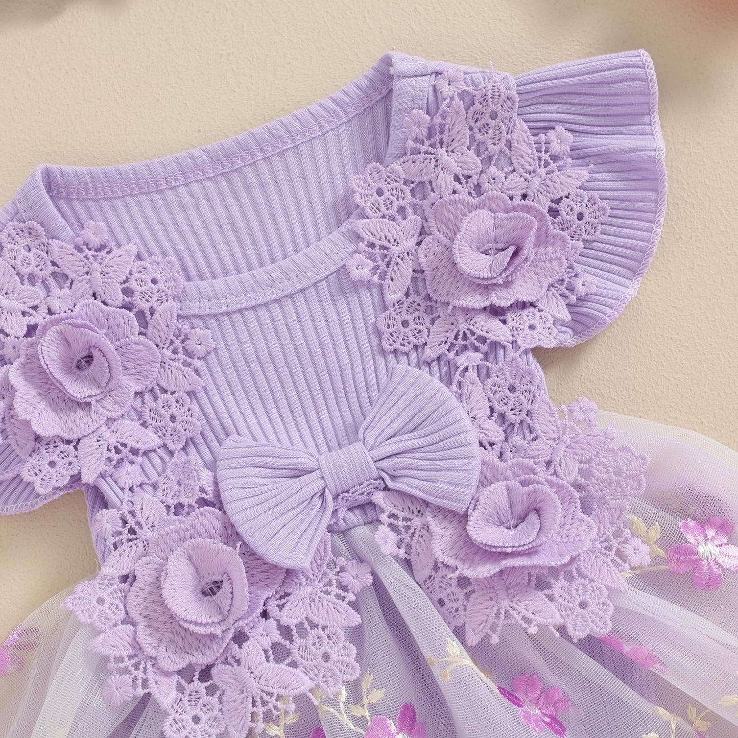 Hnyenmcko Newborn Baby Girl Summer Romper Dress Infant Fly Sleeve Flower Embroidery Mesh Tulle Skirt Hem Ribbed Bodysuit
