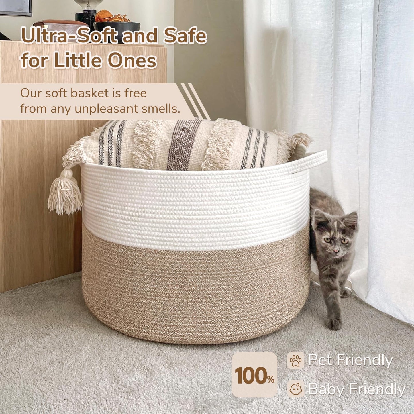 INDRESSME XXXLarge Cotton Rope Basket 21.7" x 21.7" x 13.8" Woven Baby Laundry Blanket Basket Toy Baskets with Handle Storage Comforter Cushions Thread Laundry Hamper