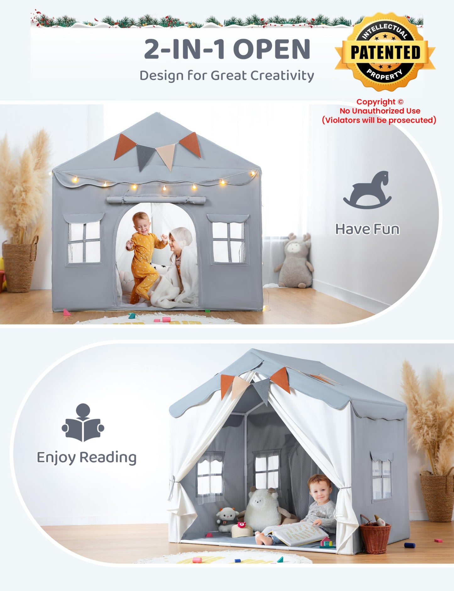 BESREY Kids Play Tent - 2 in 1 with Padded Mat & Lights, Large Playhouse with 2 Doors & 4 Windows, Indoor & Outdoor, Christmas Toddler Play Tent, 51" x 35" x 51