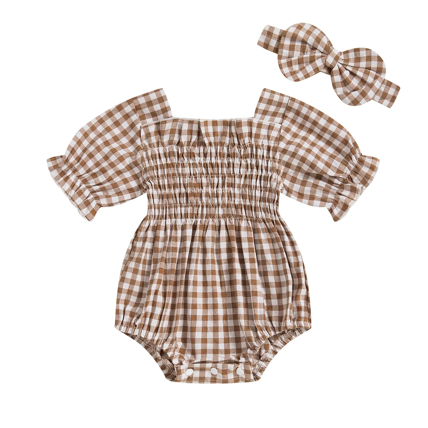 Infant Baby Girls Romper Ruffle Sleeve Pleated Smocked Bubble Plaid One Piece Ruched Jumpsuit Summer Bodysuit