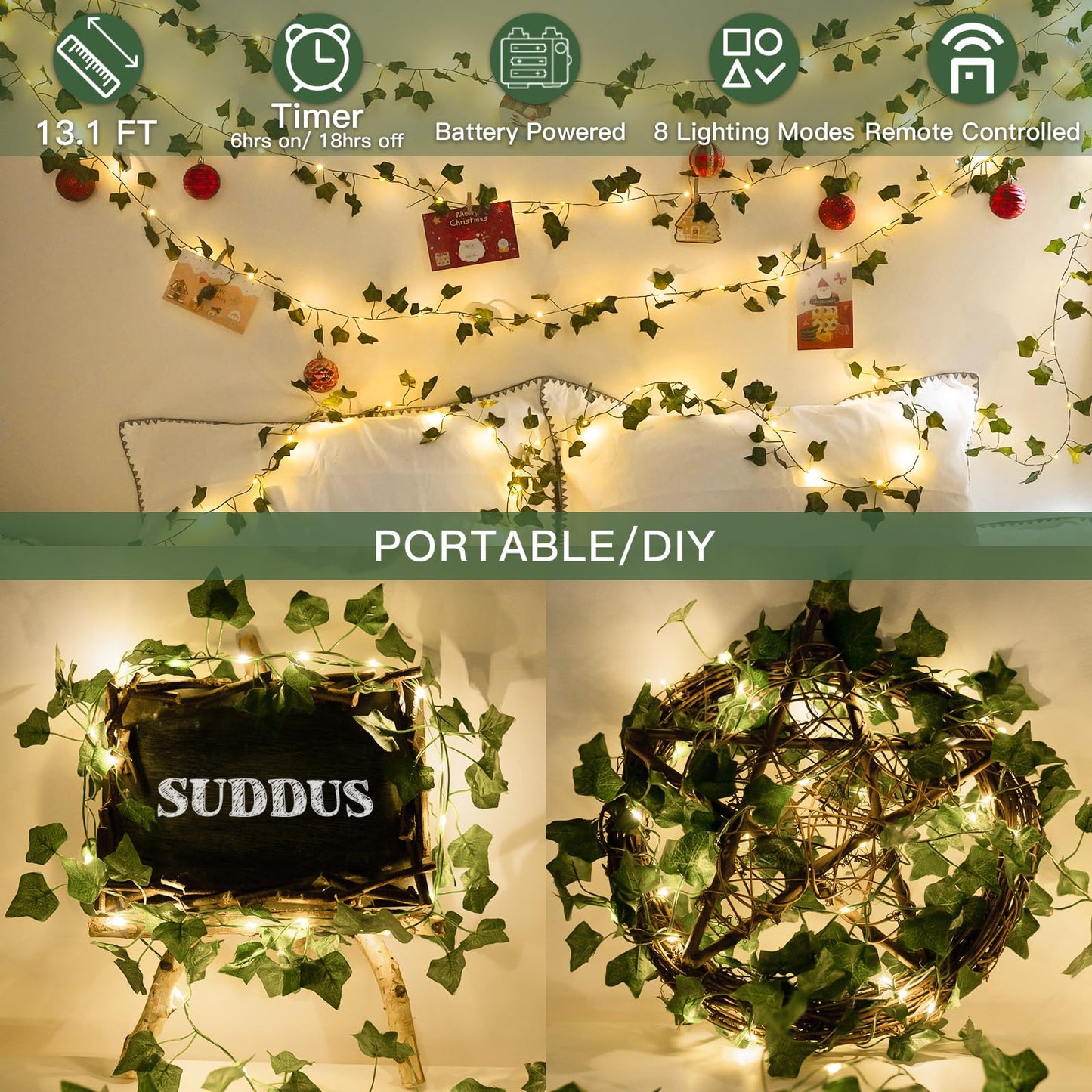 suddus Vine with Fairy Lights Battery Operated, 33ft 100 LED Ivy String Lights with Remote, Leaf Lights for Bedroom, Room, Wall, Garden, Party, Wedding Decor (Warm White)