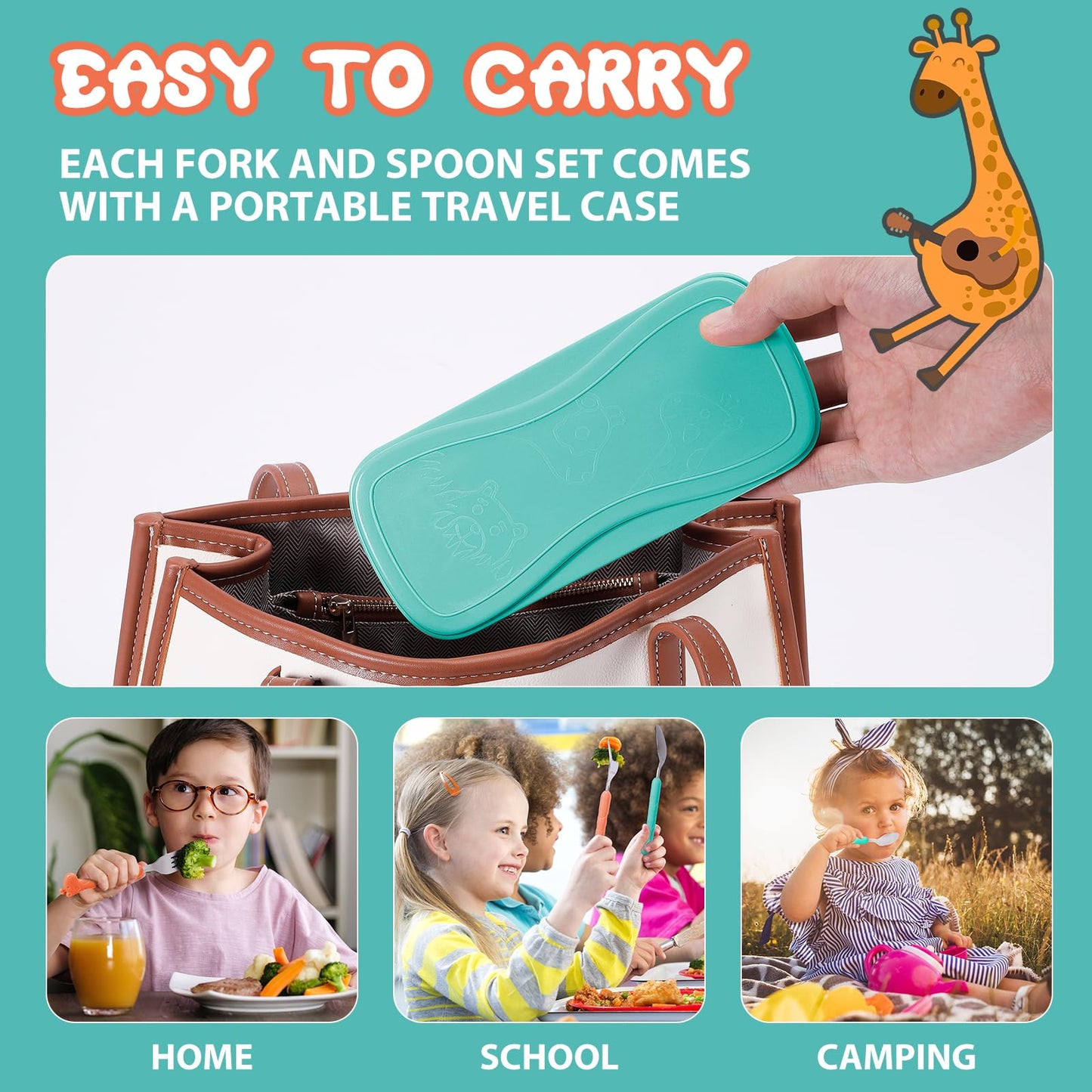 lohodo Toddler Utensils Kids Spoon and Fork Set 18/8 Stainless Steel Silverware BPA Free Pink & Purple Cute Giraffe Child Flatware with Travel Case for Age 3+