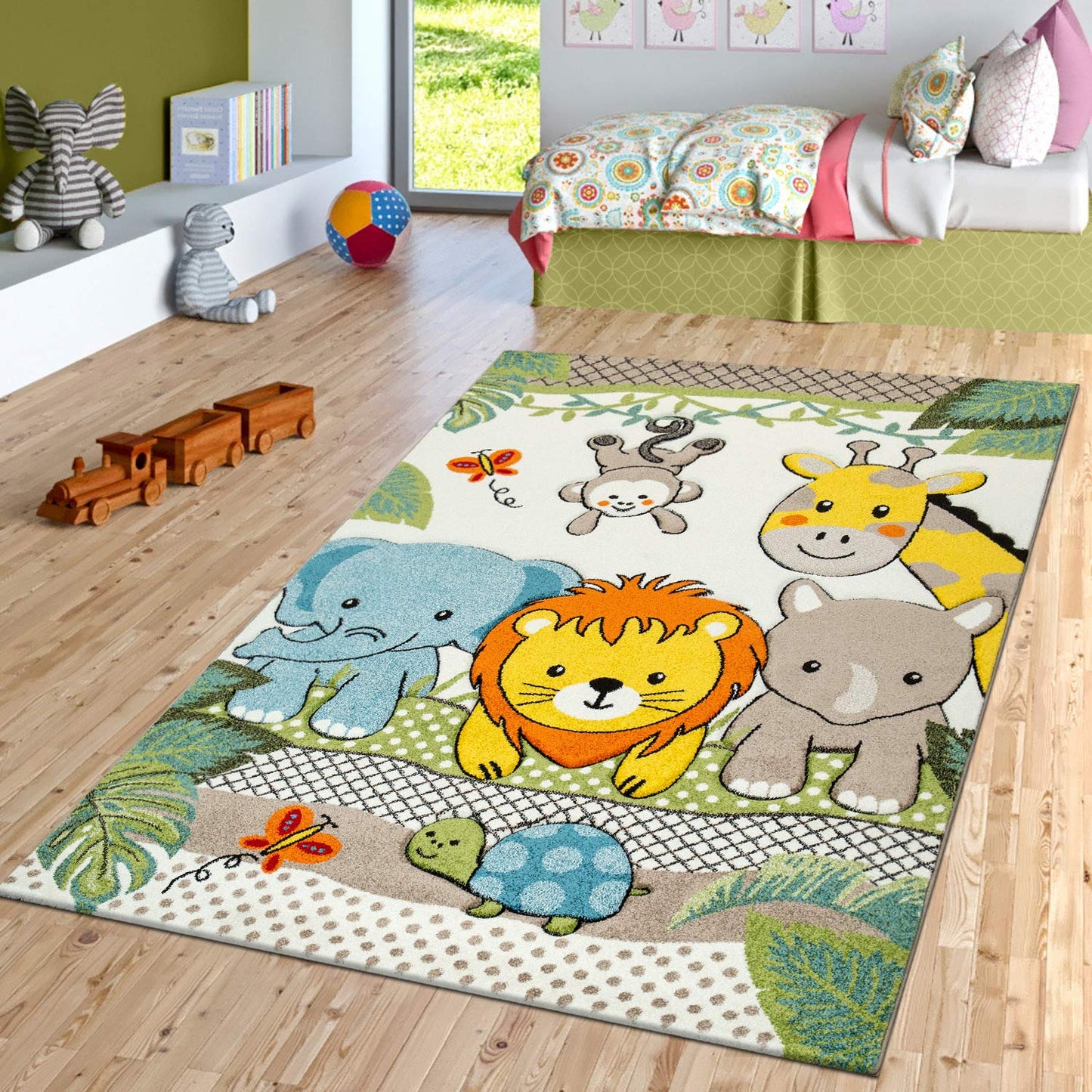Kids Rug with Cute Animals on a Hot Air Balloon Ride in Pastel, Size: 2'8" x 4'11"