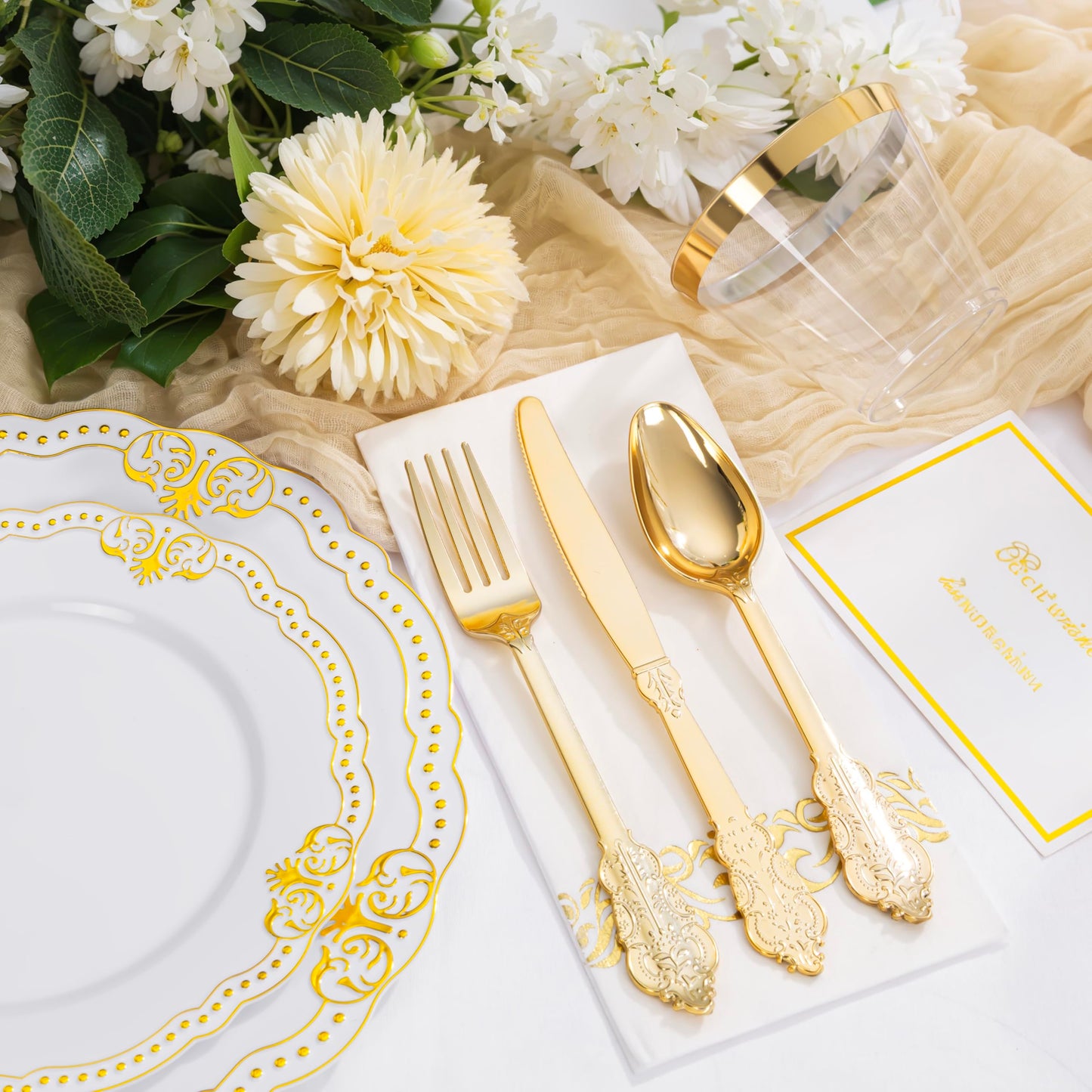 Ciaell 175 PCS White and Gold Plastic Plates - Fancy Gold Disposable Dinnerware Set with of 25 Dinner Plates, 25 Salad Plates, 25 Knives, 25 Forks, 25 Spoons, 25 Cups, 25 Napkins for Weddings Party