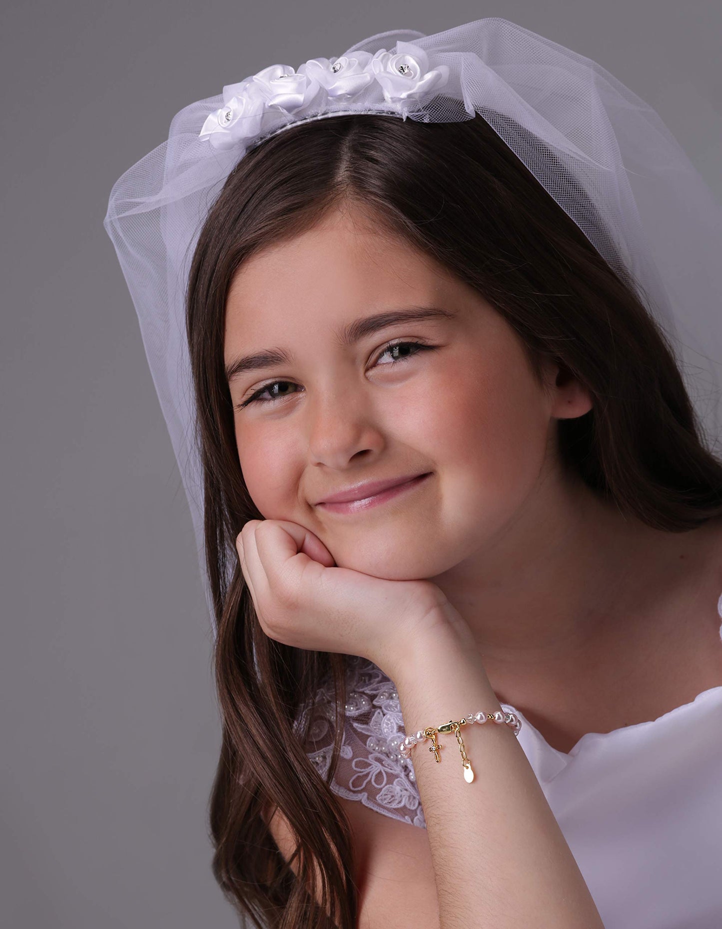Cherished Moments Children's 14K Gold-plated Bracelet with Pink High-End Simulated Pearls and Cross or Heart Charm for Baptism, Christening or First Communion Gift for Girls