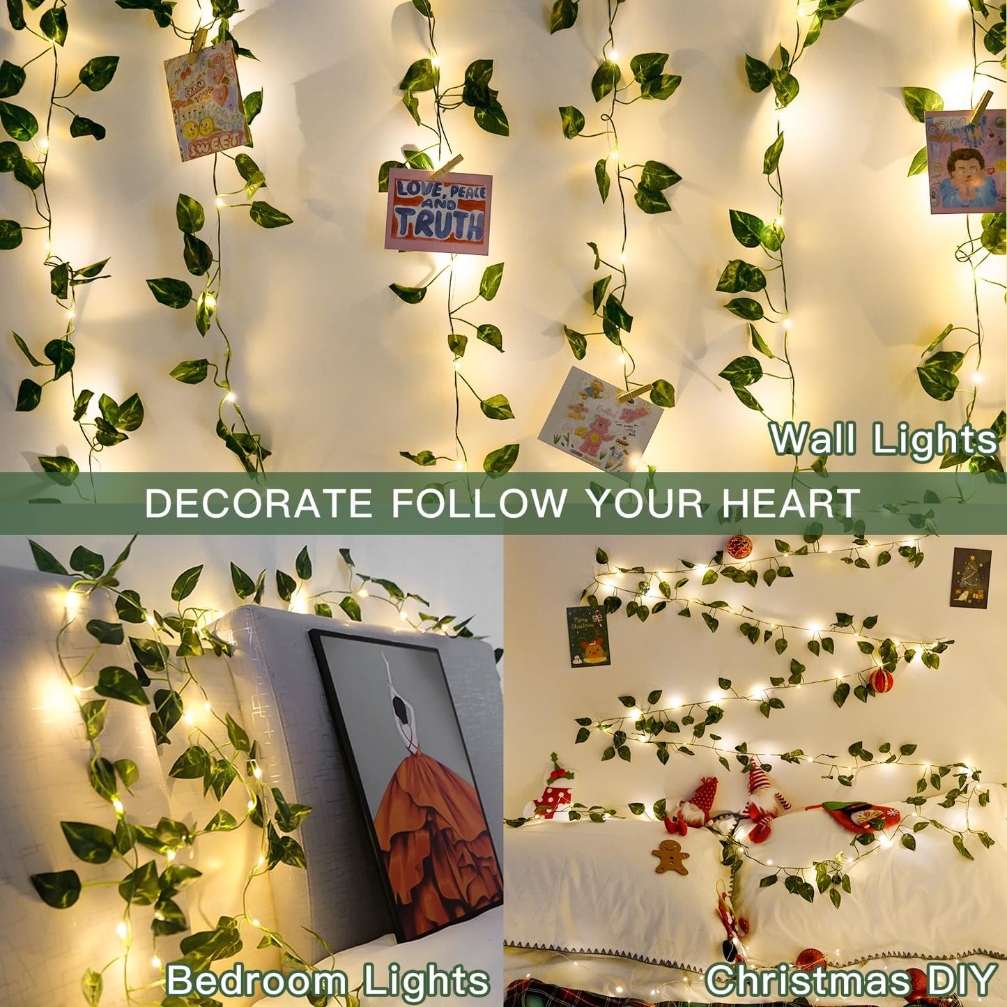 suddus Vine with Fairy Lights Battery Operated, 33ft 100 LED Ivy String Lights with Remote, Leaf Lights for Bedroom, Room, Wall, Garden, Party, Wedding Decor (Warm White)